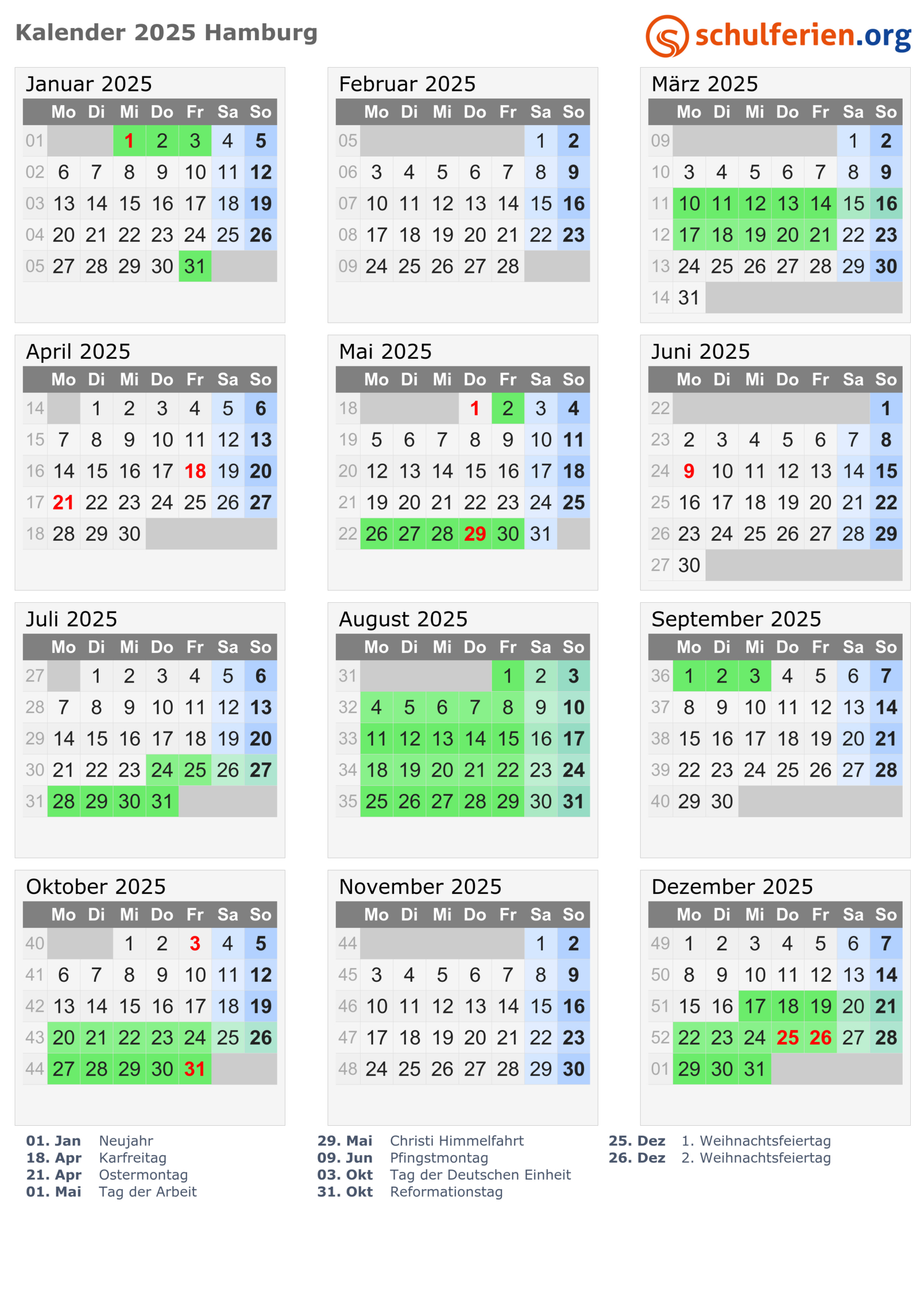 Kalender 2025 + Ferien Hamburg, Feiertage | Sommerferien 2025 Hamburg Kalender