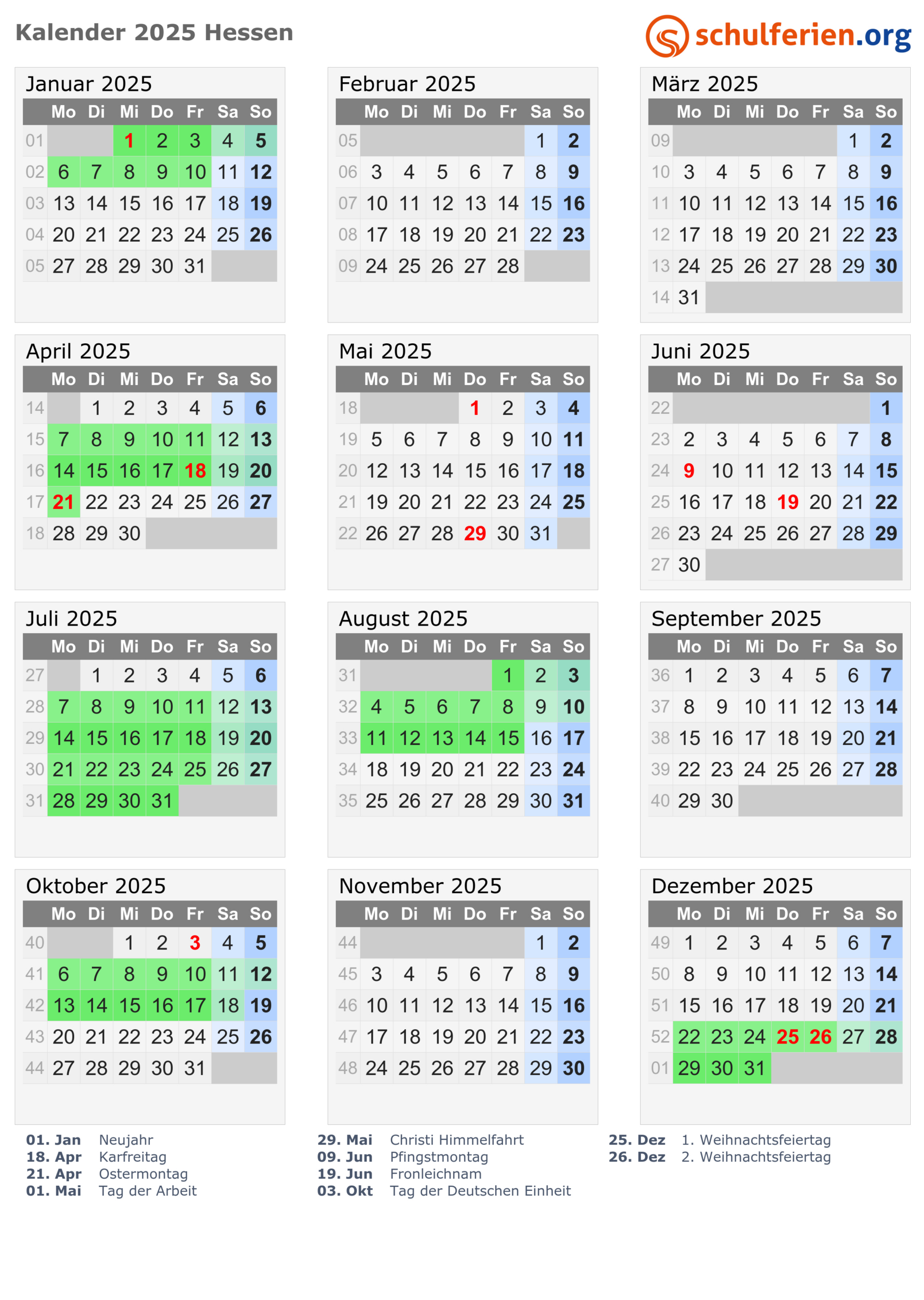 Kalender 2025 + Ferien Hessen, Feiertage | Feiertage Hessen 2025 Kalender