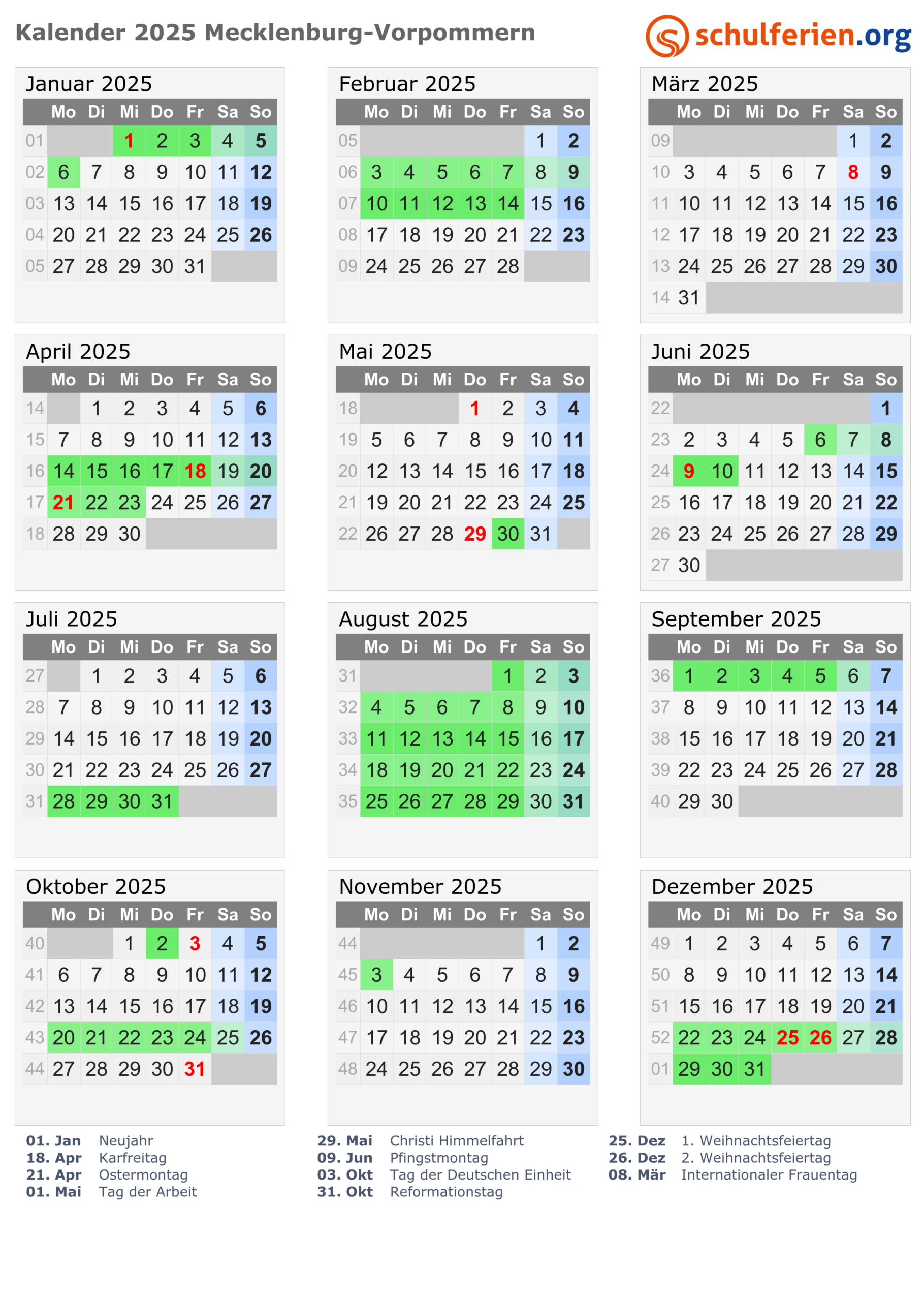 Kalender 2025 + Ferien Mecklenburg-Vorpommern, Feiertage | Feiertage 2025 Mv Kalender