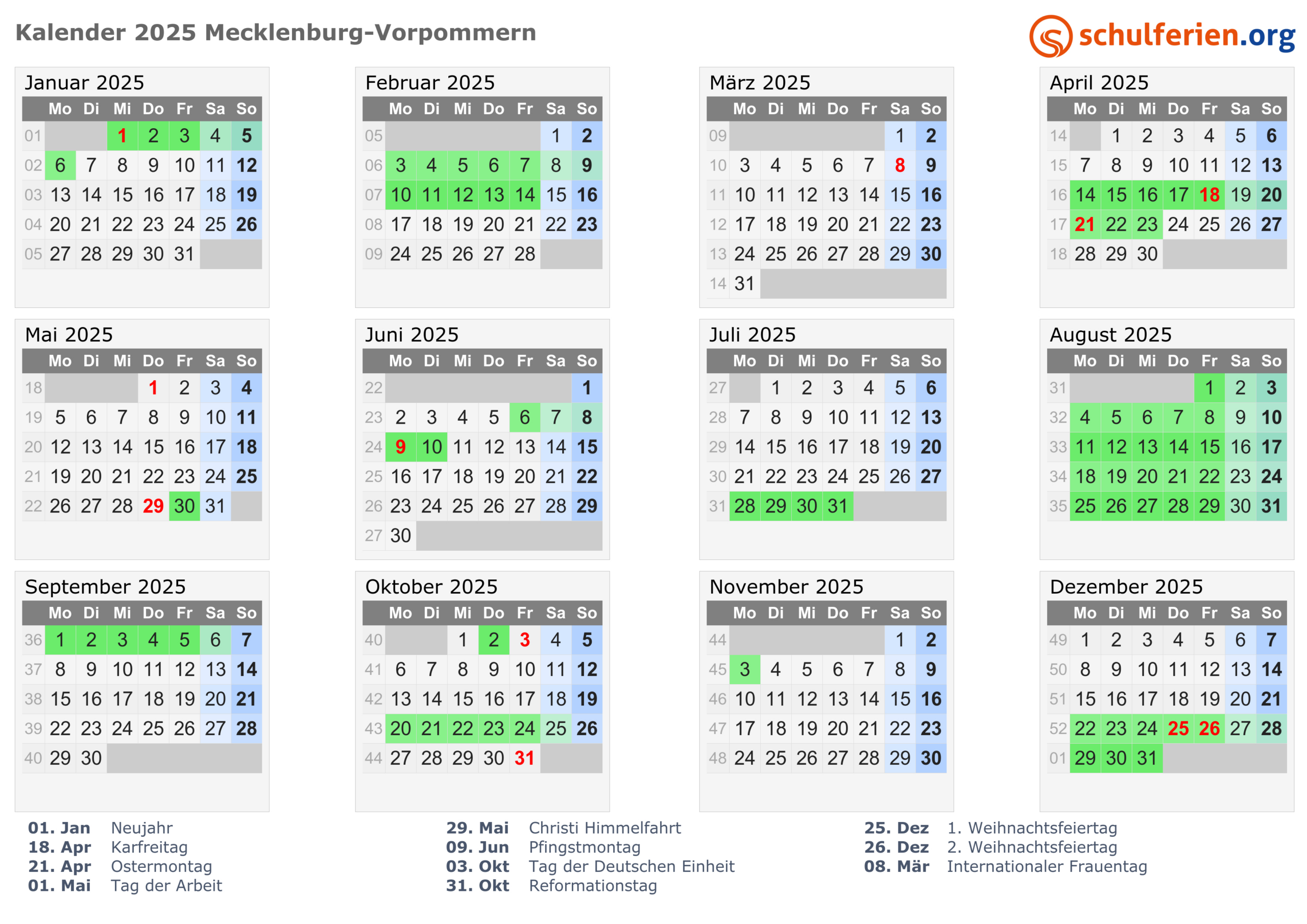 Kalender 2025 + Ferien Mecklenburg-Vorpommern, Feiertage | Kalender 2025 Mecklenburg Vorpommern