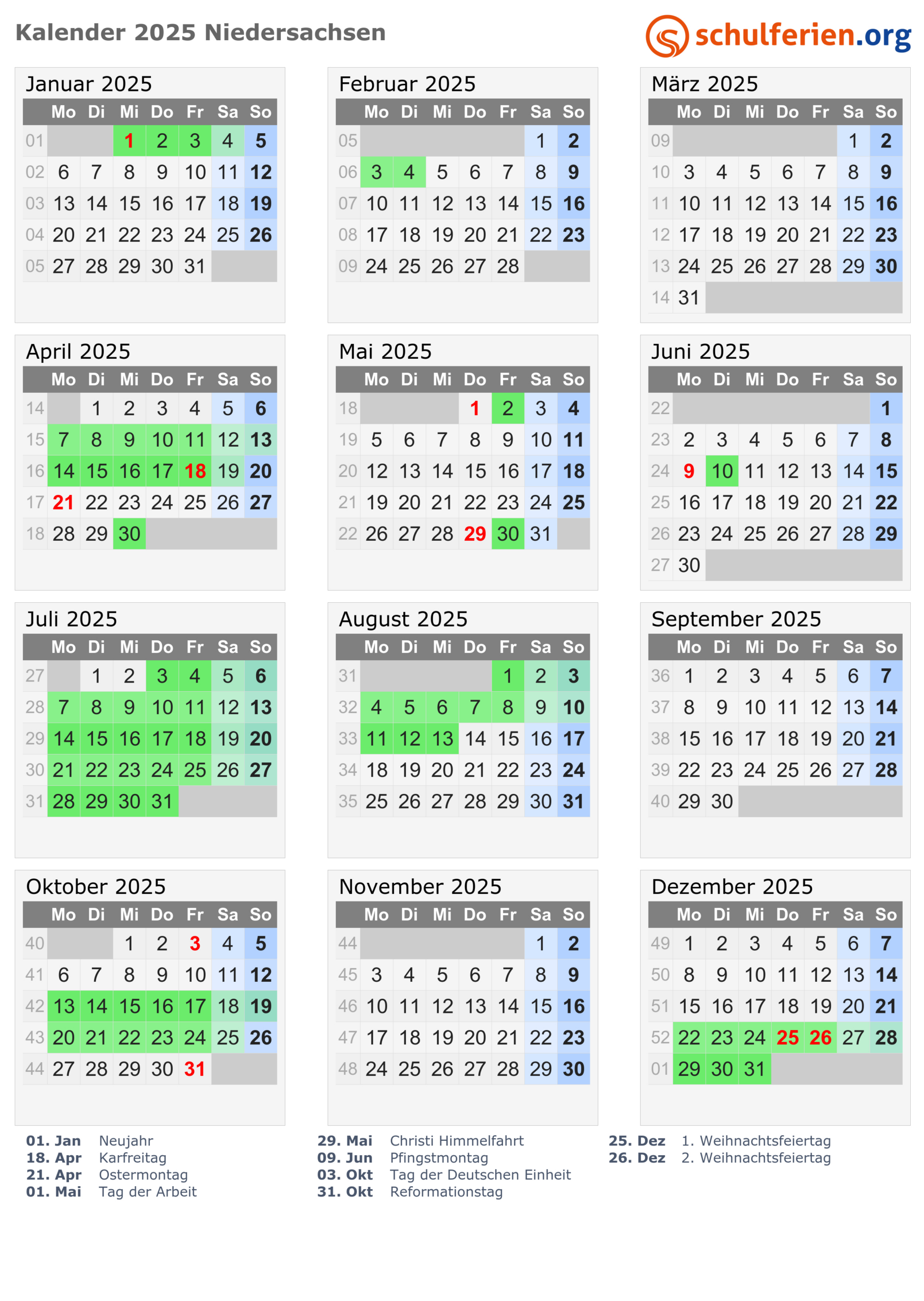 Kalender 2025 + Ferien Niedersachsen, Feiertage | Brückentage 2025 Niedersachsen Kalender