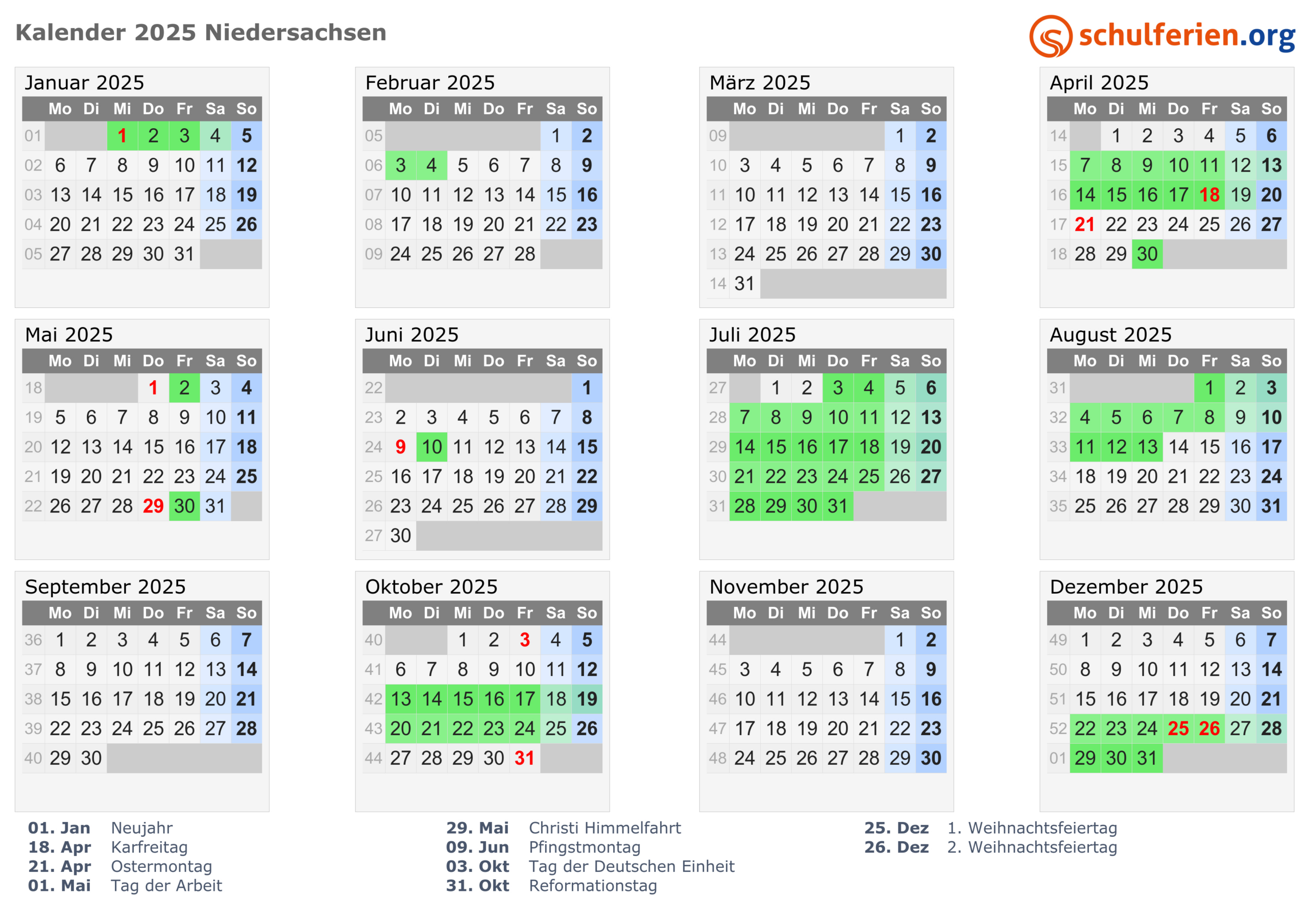 Kalender 2025 + Ferien Niedersachsen, Feiertage | Feiertage 2025 Niedersachsen Kalender