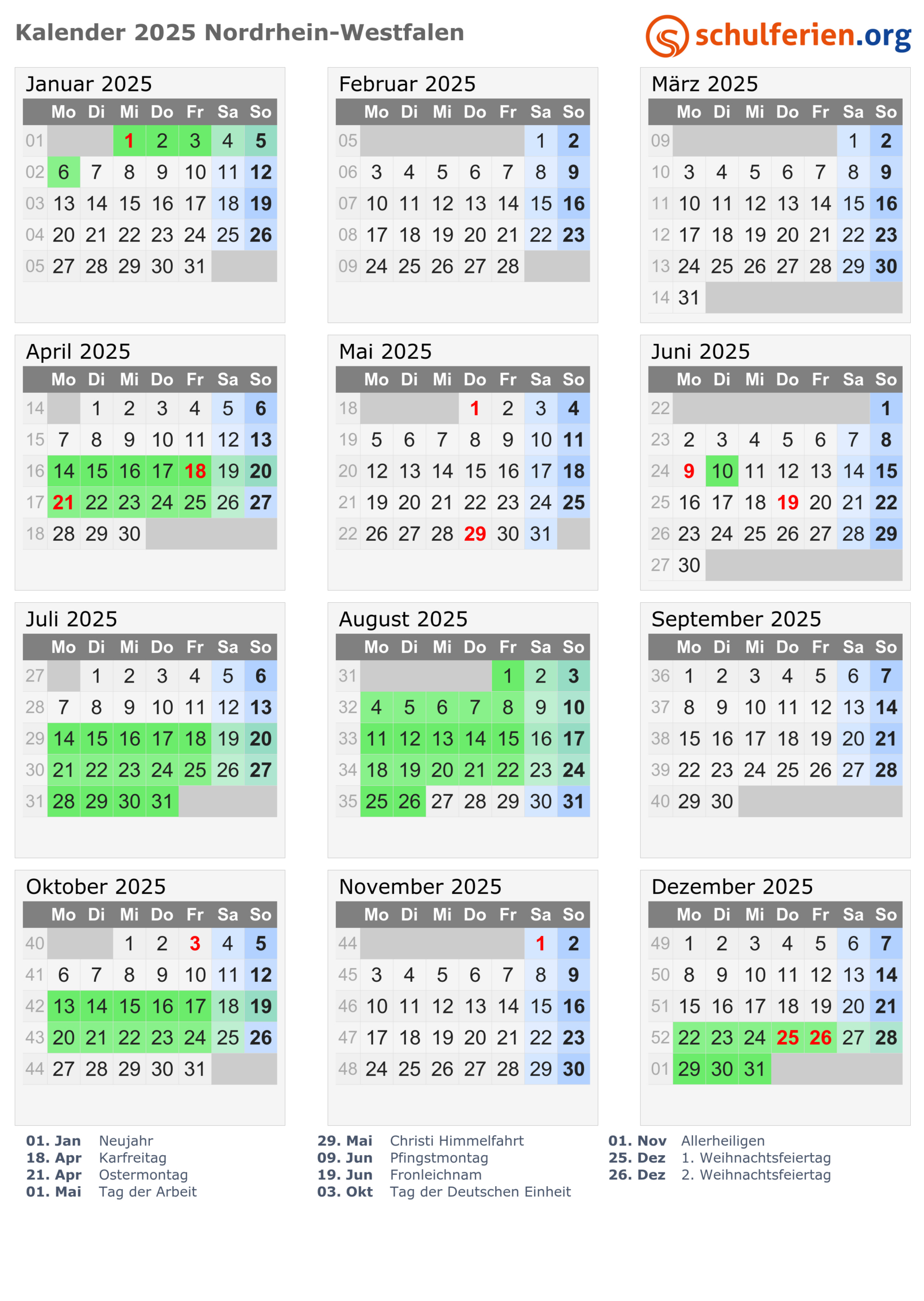 Kalender 2025 + Ferien Nordrhein-Westfalen, Feiertage | 2025 Kalender Nrw