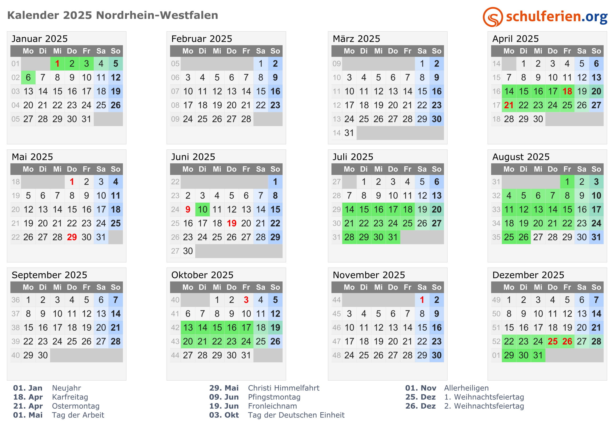 Kalender 2025 + Ferien Nordrhein-Westfalen, Feiertage | Kalender 2025 Nrw