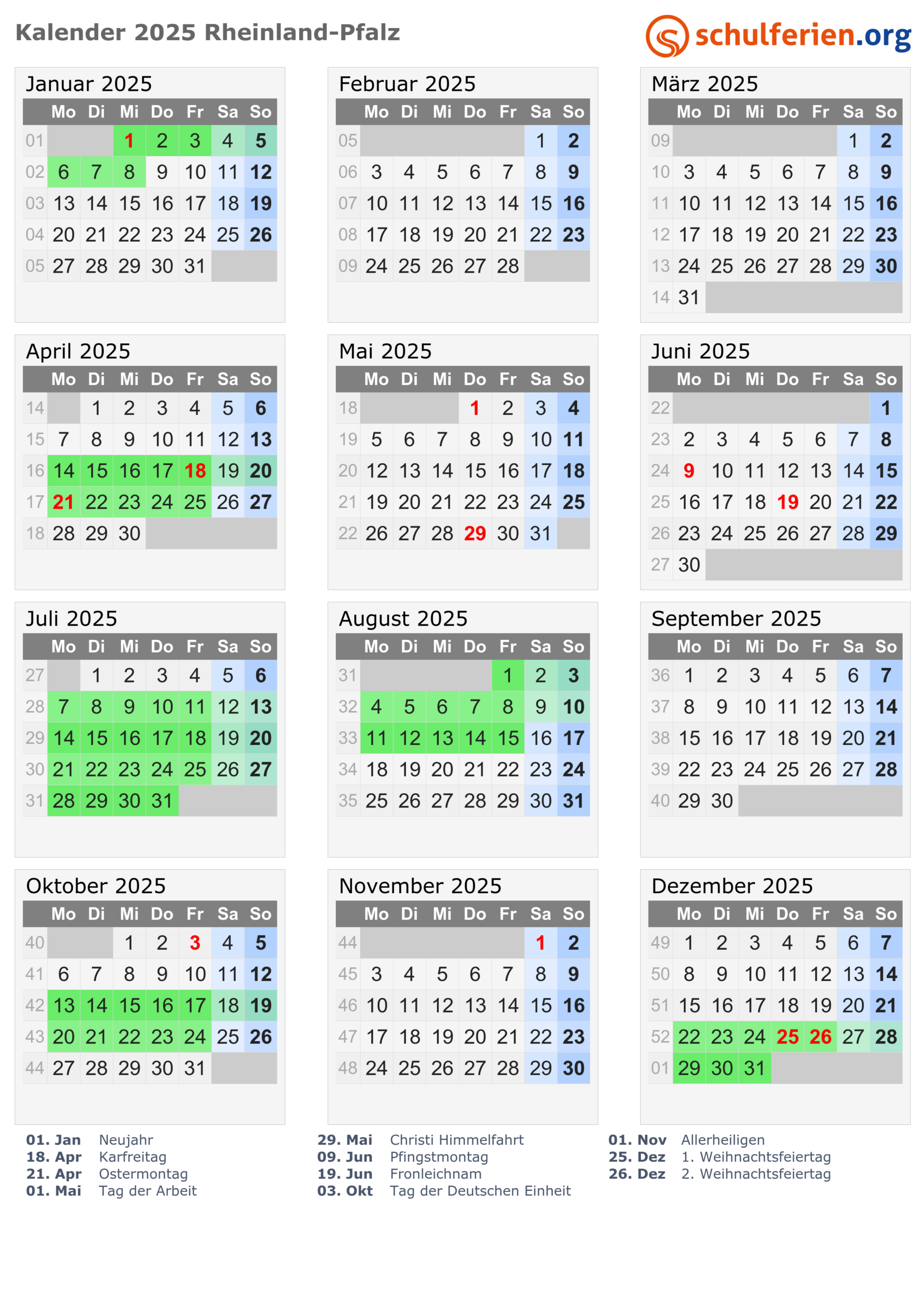 Kalender 2025 + Ferien Rheinland-Pfalz, Feiertage | Feiertage 2025 Rlp Kalender