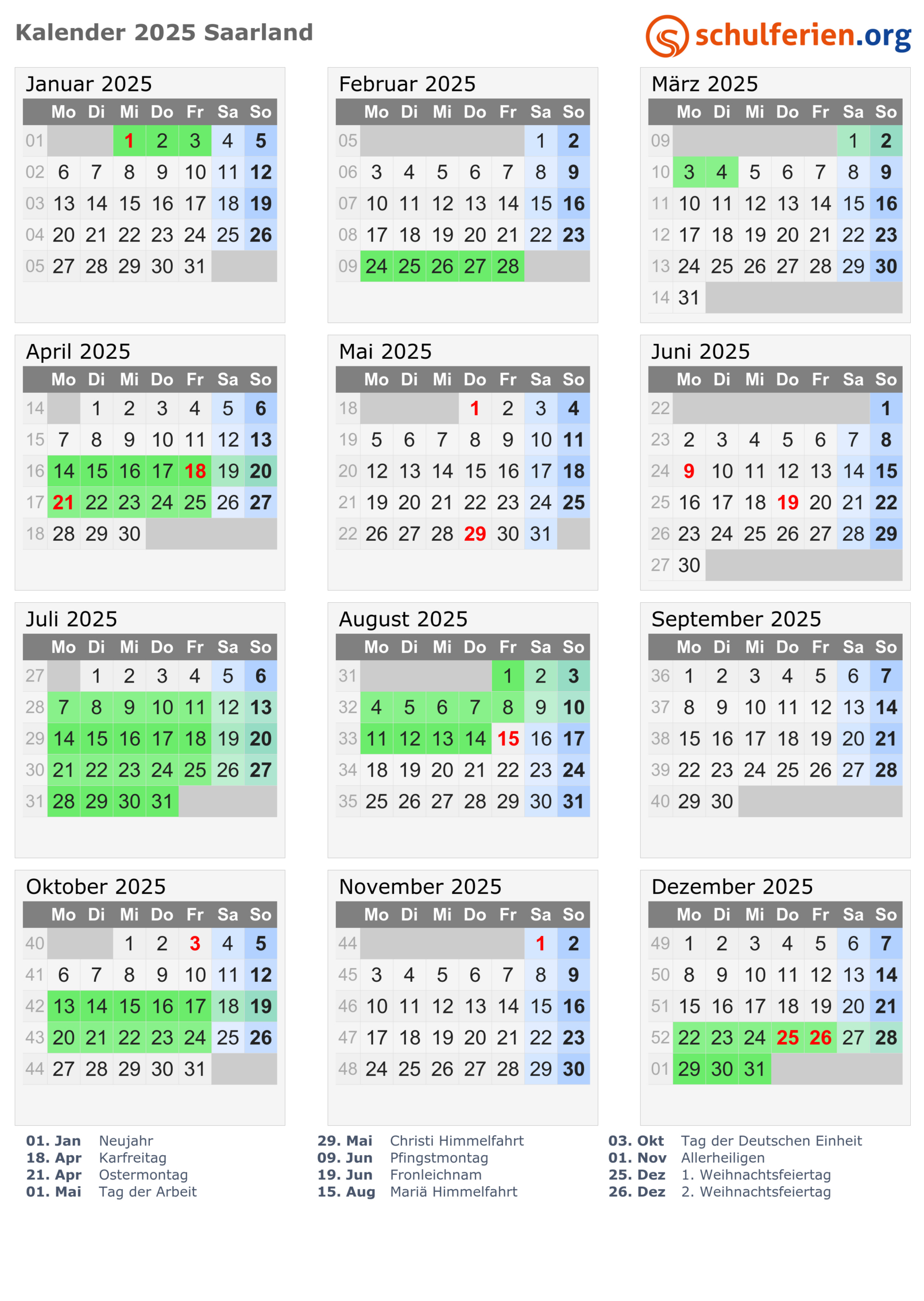 Kalender 2025 + Ferien Saarland, Feiertage | Ferien Saarland 2025 Kalender