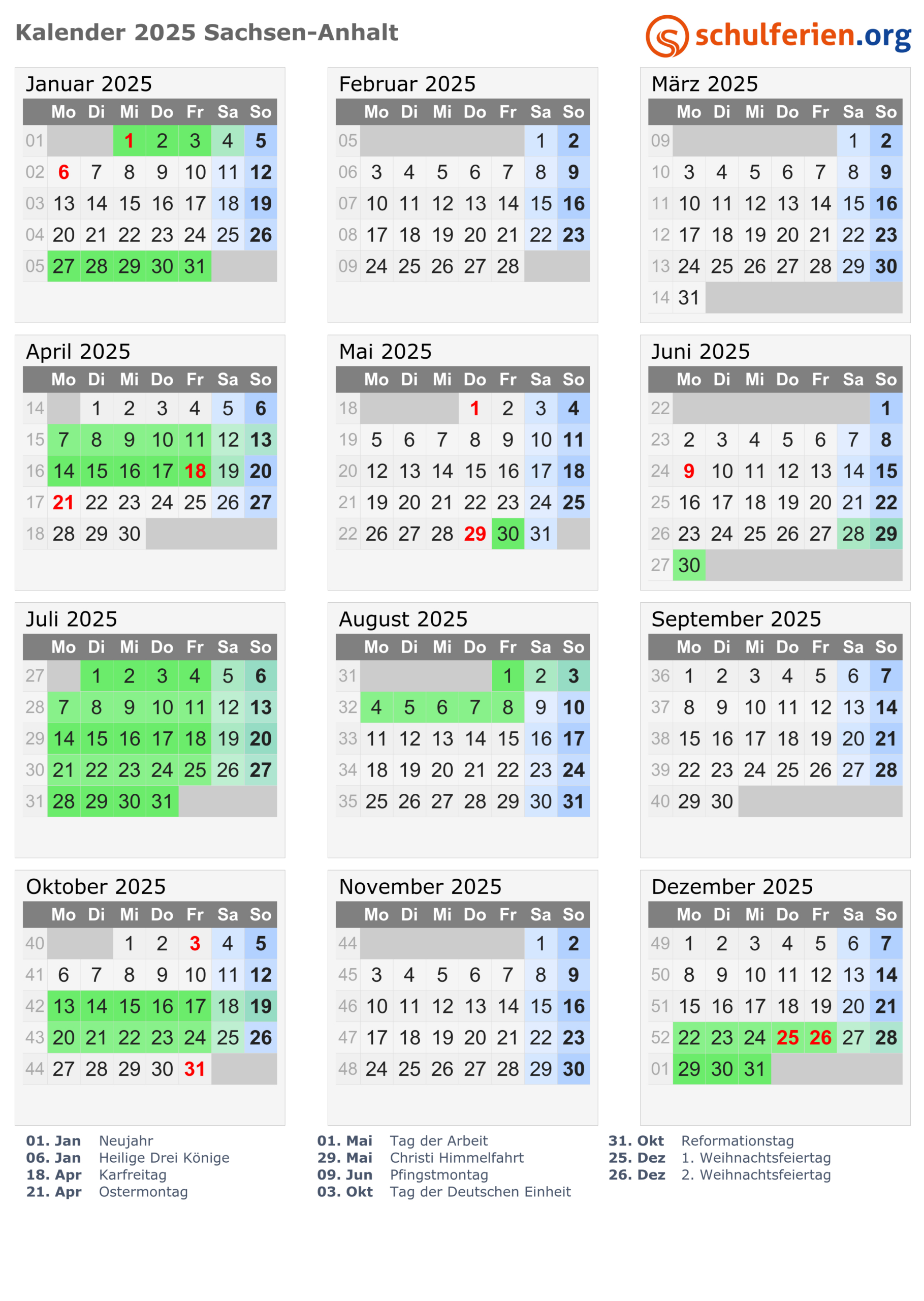 Kalender 2025 + Ferien Sachsen-Anhalt, Feiertage | Feiertage 2025 Sachsen Anhalt Kalender