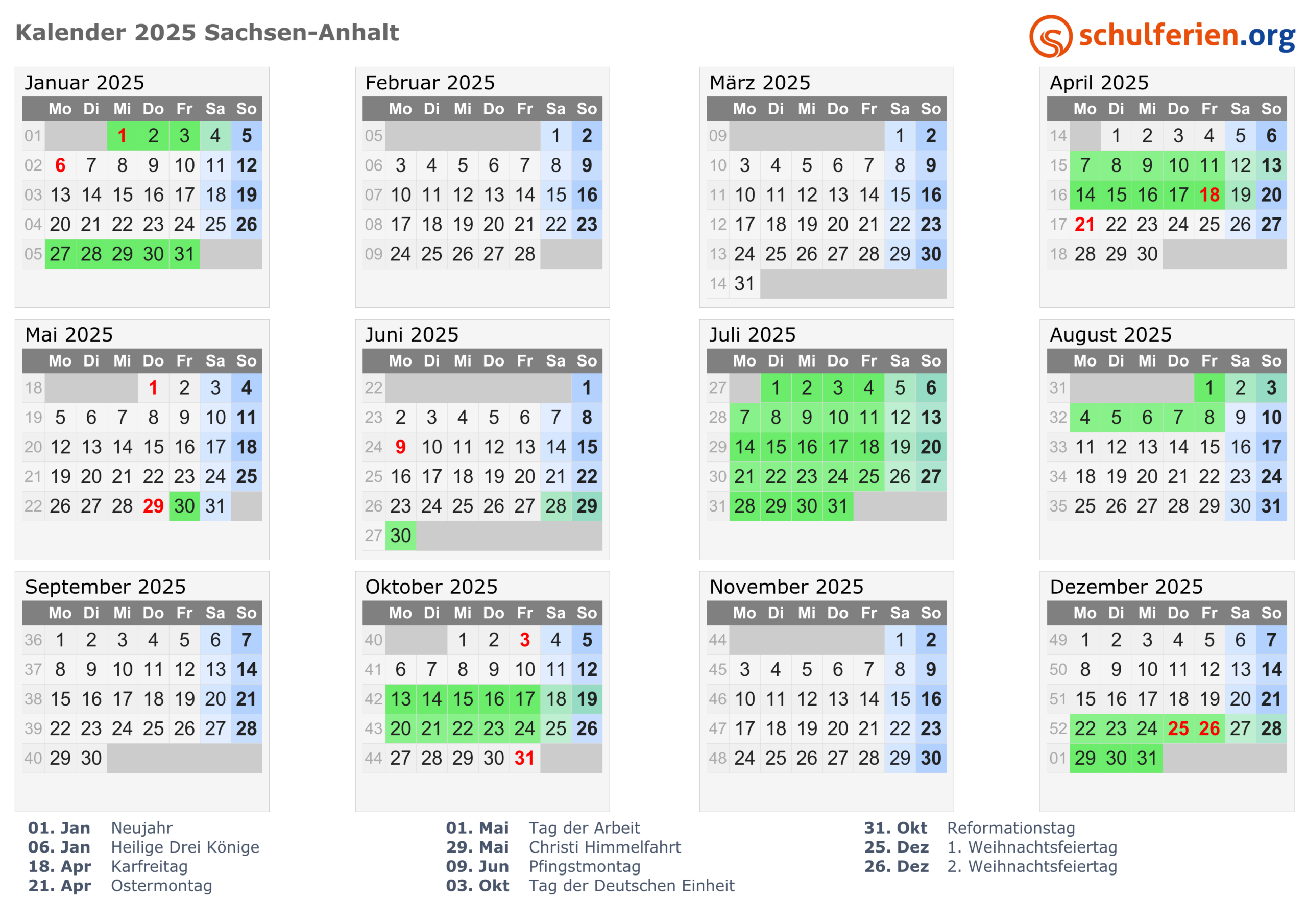 Kalender 2025 + Ferien Sachsen-Anhalt, Feiertage | Kalender 2025 Mit Ferien Sachsen Anhalt Zum Ausdrucken