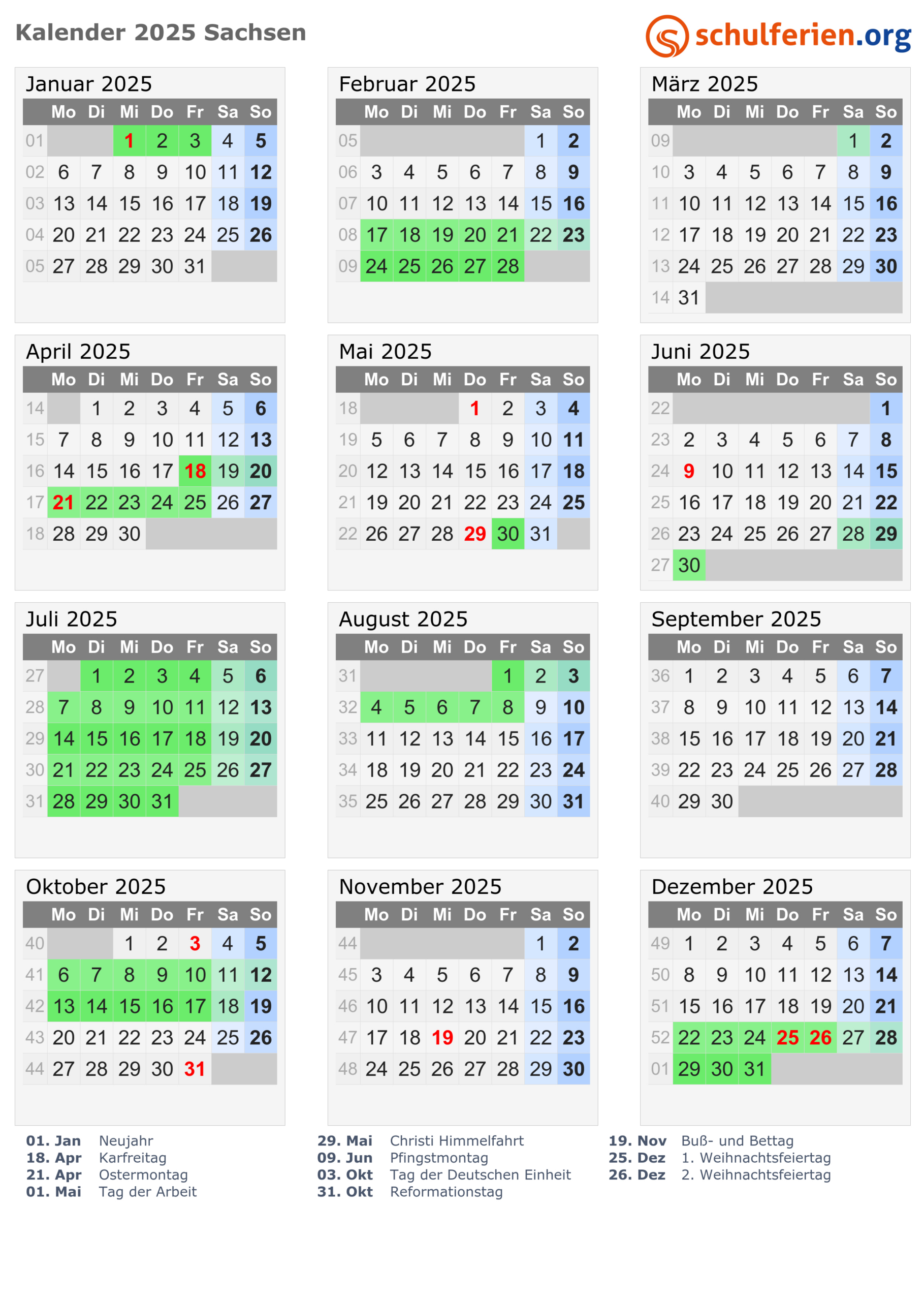 Kalender 2025 + Ferien Sachsen, Feiertage | Ferien 2025 Sachsen Kalender