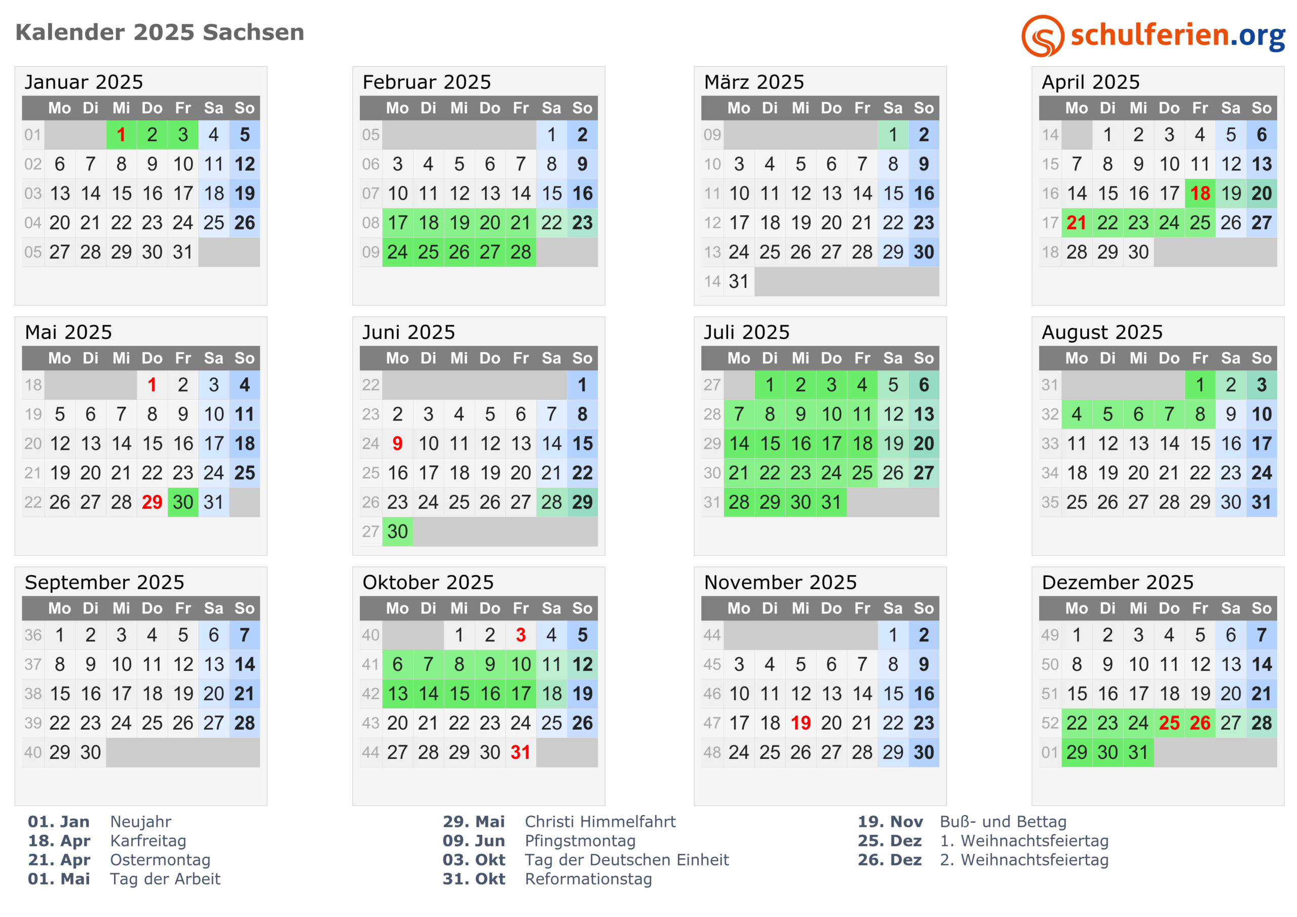 Kalender 2025 + Ferien Sachsen, Feiertage | Kalender 2025 Sachsen Mit Ferien Zum Ausdrucken