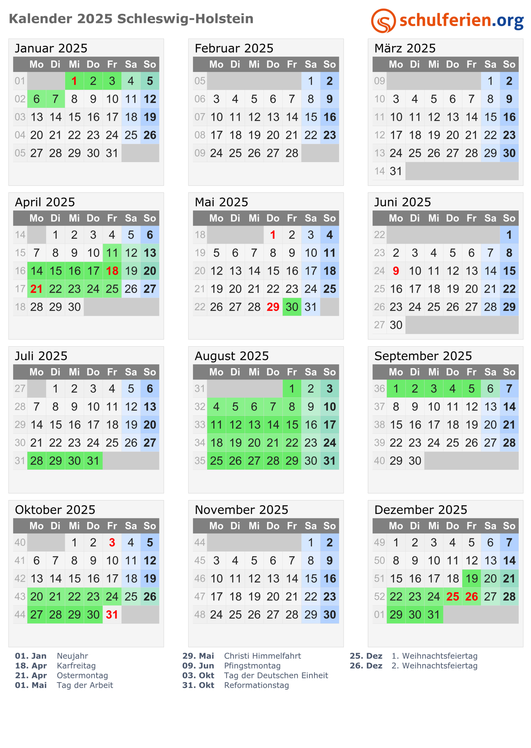 Kalender 2025 + Ferien Schleswig-Holstein, Feiertage | Feiertage 2025 Schleswig Holstein Kalender