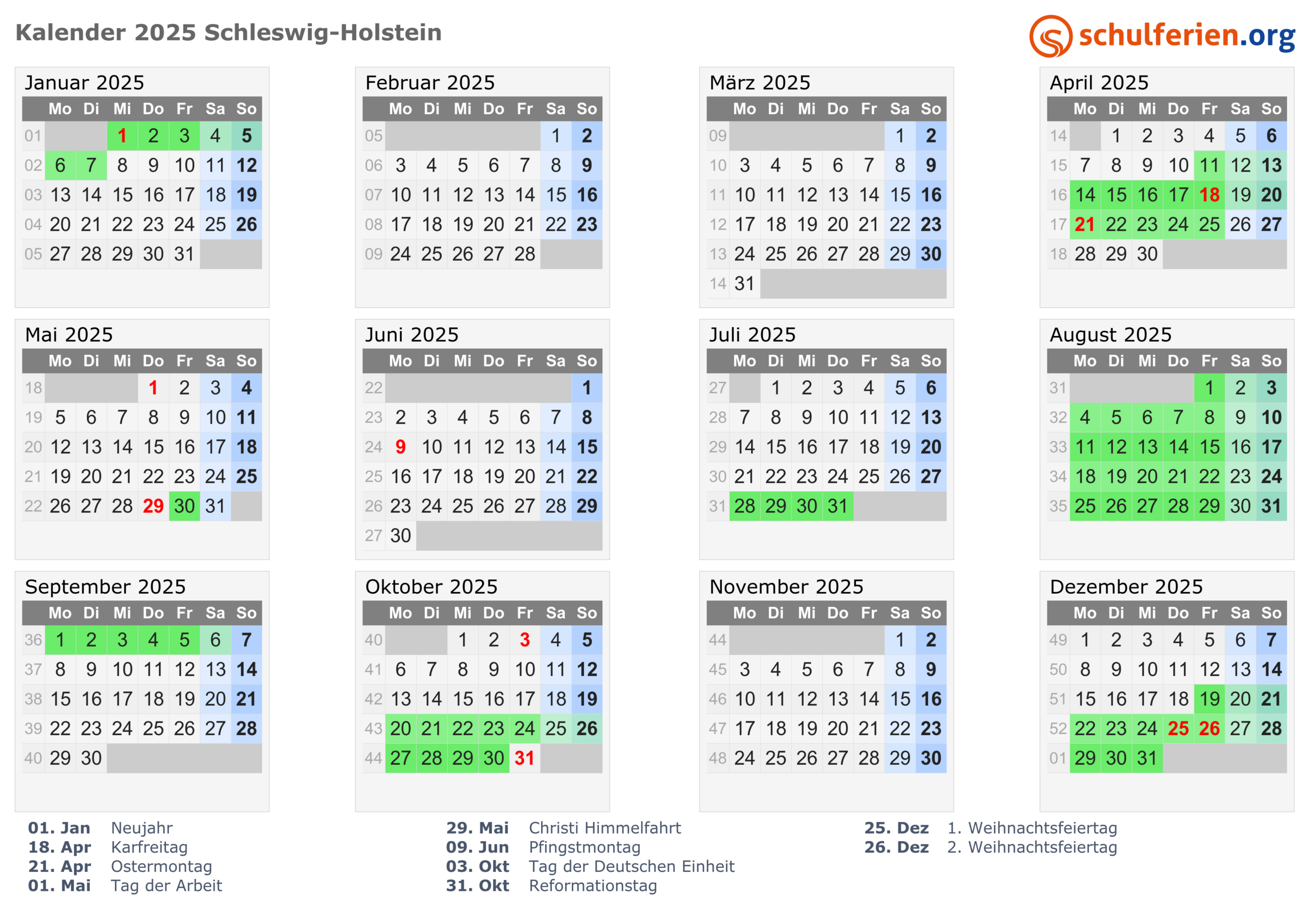 Kalender 2025 + Ferien Schleswig-Holstein, Feiertage | Kalender 2025 Zum Ausdrucken Mit Ferien Schleswig Holstein