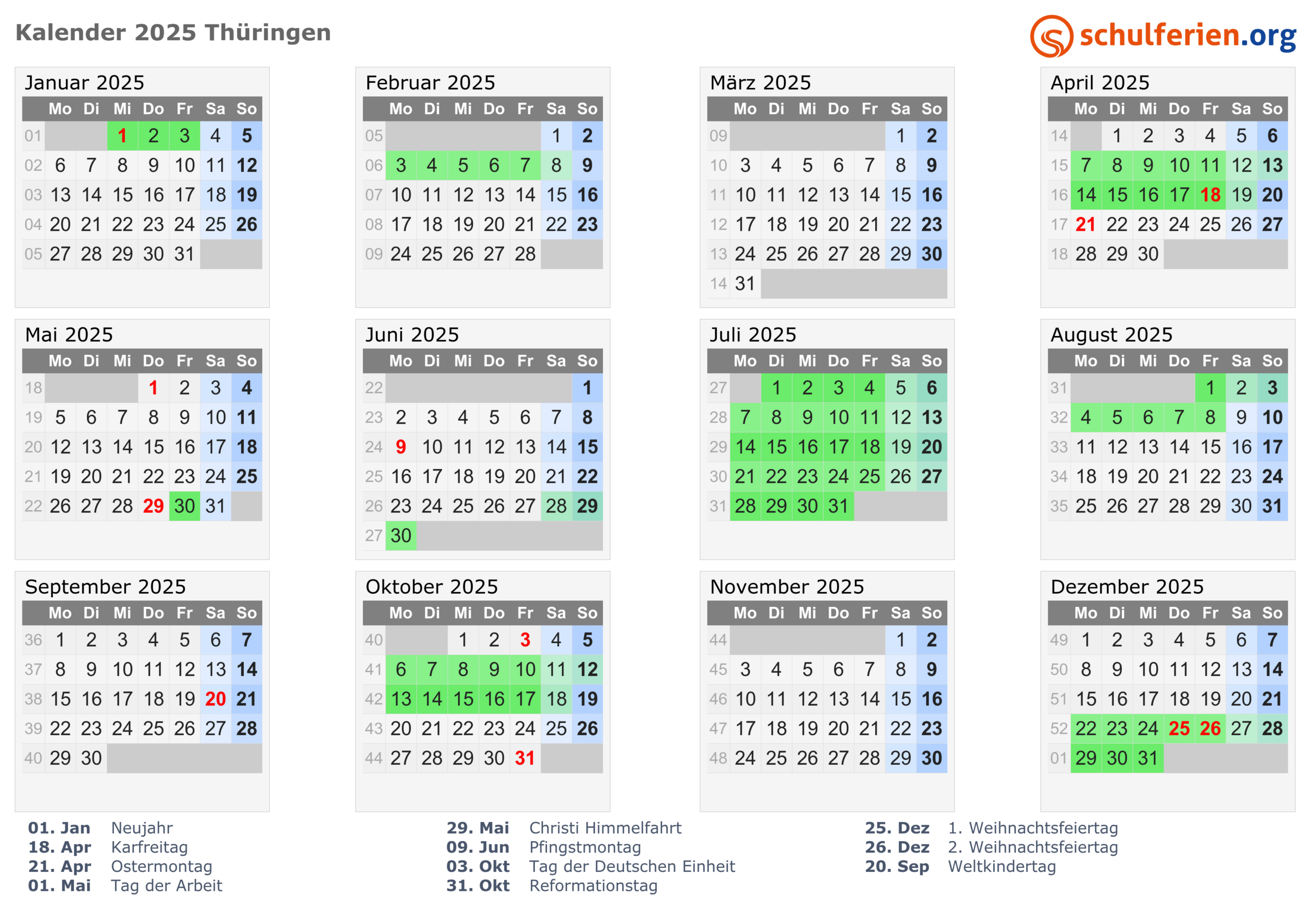 Kalender 2025 + Ferien Thüringen, Feiertage | Feiertage Thüringen 2025 Kalender