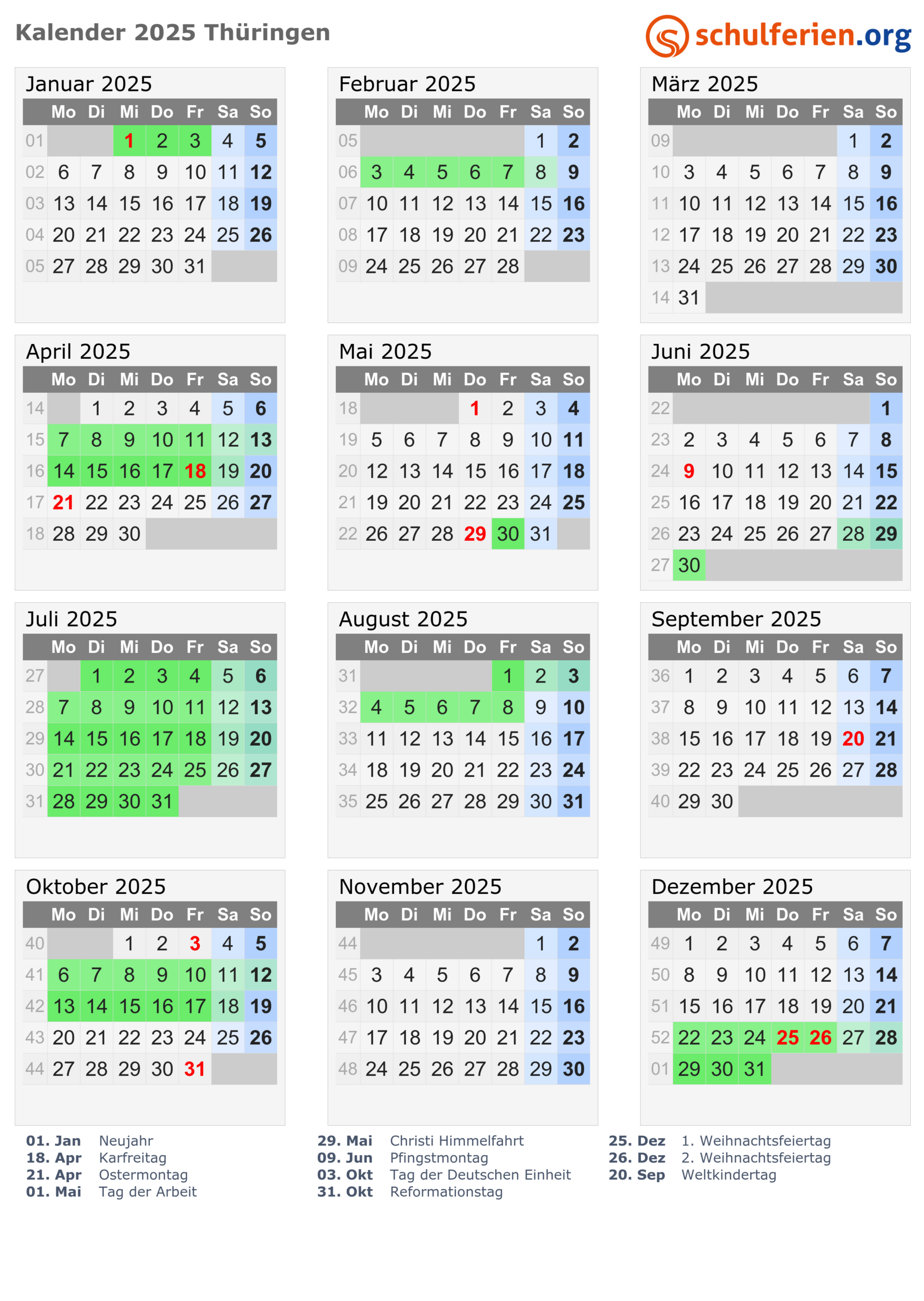 Kalender 2025 + Ferien Thüringen, Feiertage | Kalender 2025 Ferien Thüringen