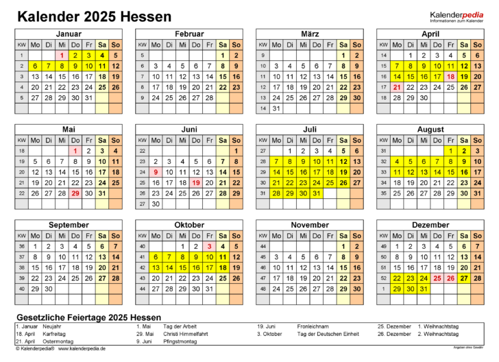 Feiertage Hessen 2025 Kalender