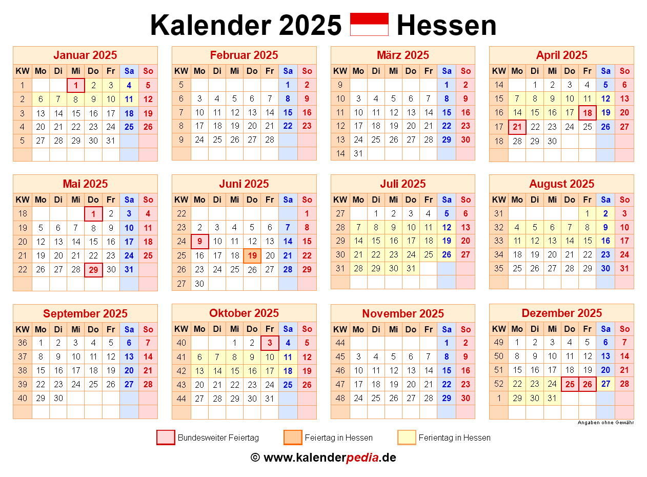 Kalender 2025 Hessen: Ferien, Feiertage, Pdf-Vorlagen | Kalender 2025 Hessen Mit Feiertagen Und Ferien