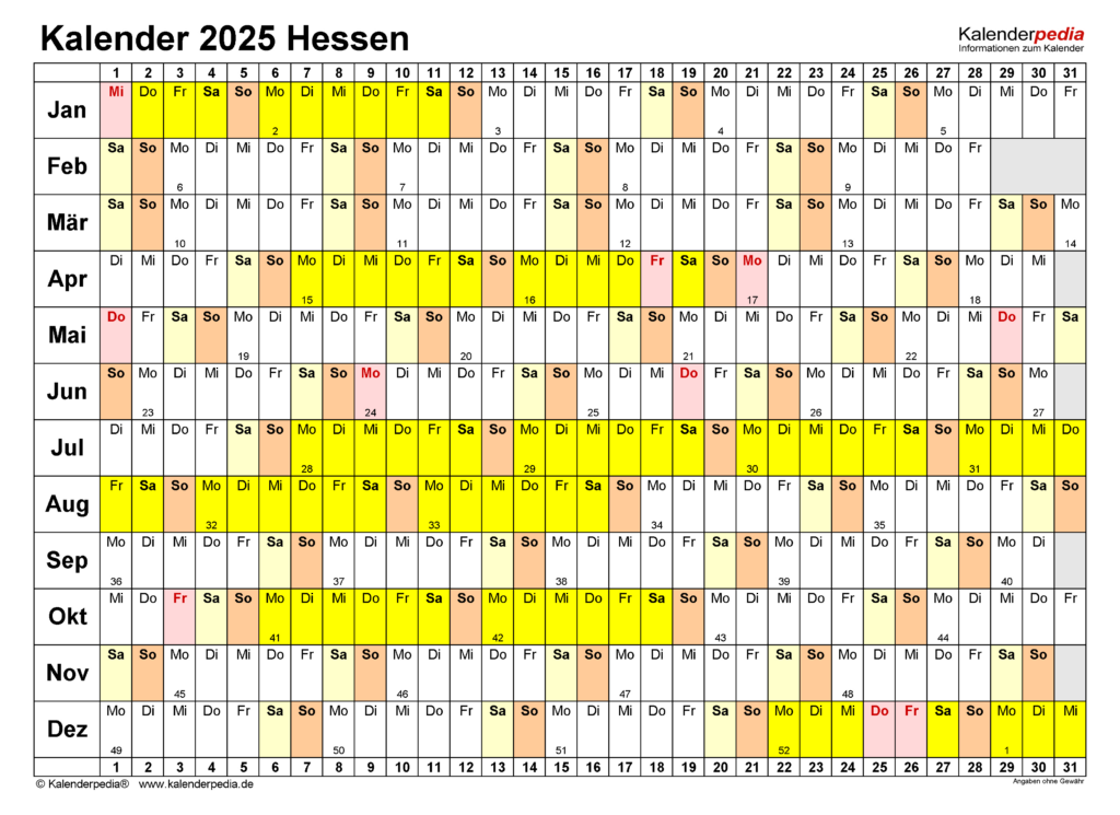  Kalender 2025 Hessen Mit Feiertagen Und Ferien Zum Ausdrucken Illustration 