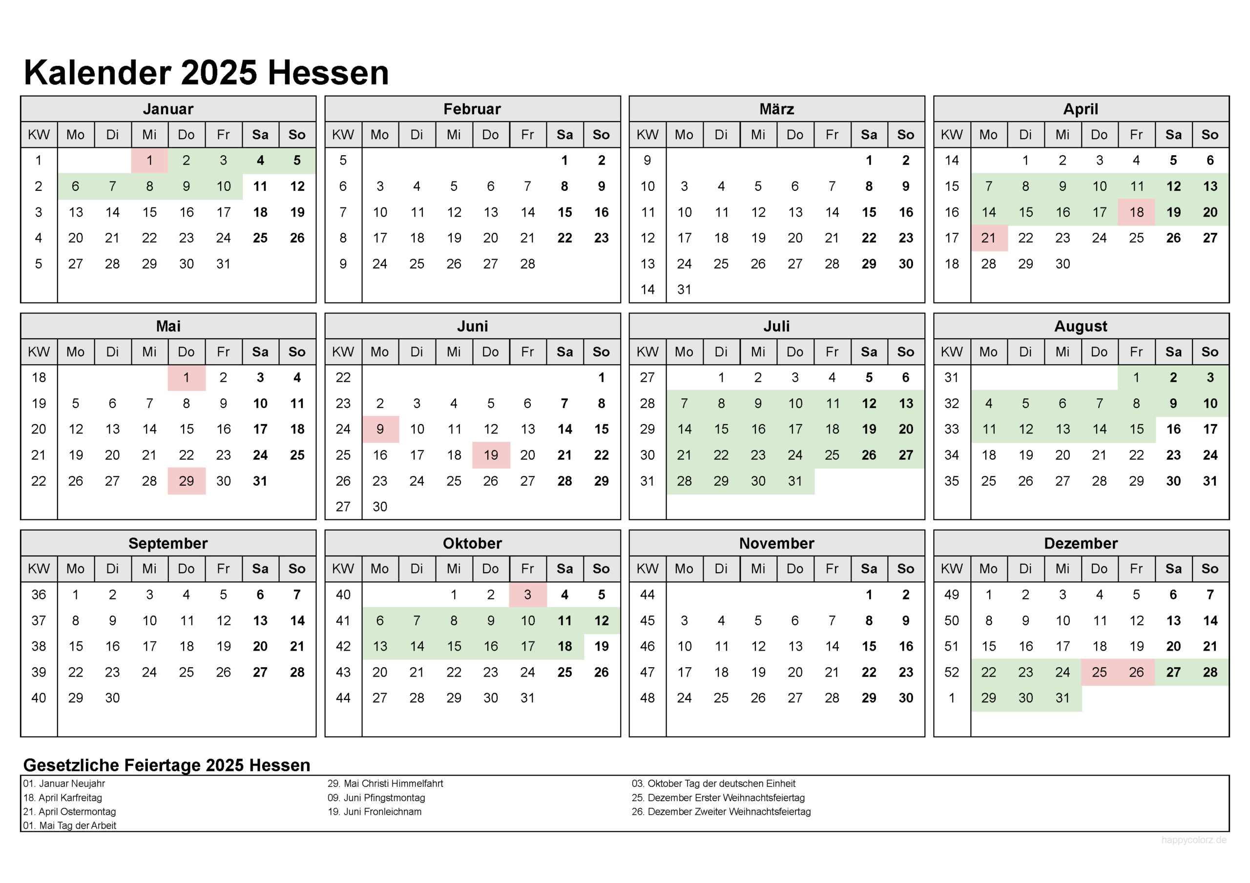 Kalender 2025 Hessen Kostenlos: Ferien-Übersicht, Feiertage, Pdf | Hessen Kalender 2025