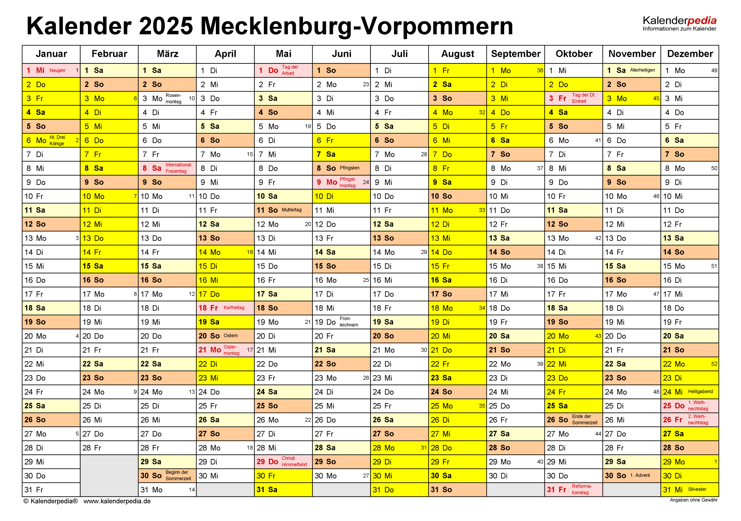 Kalender 2025 Mecklenburg-Vorpommern: Ferien, Feiertage, Pdf-Vorlagen | Feiertage 2025 Mv Kalender