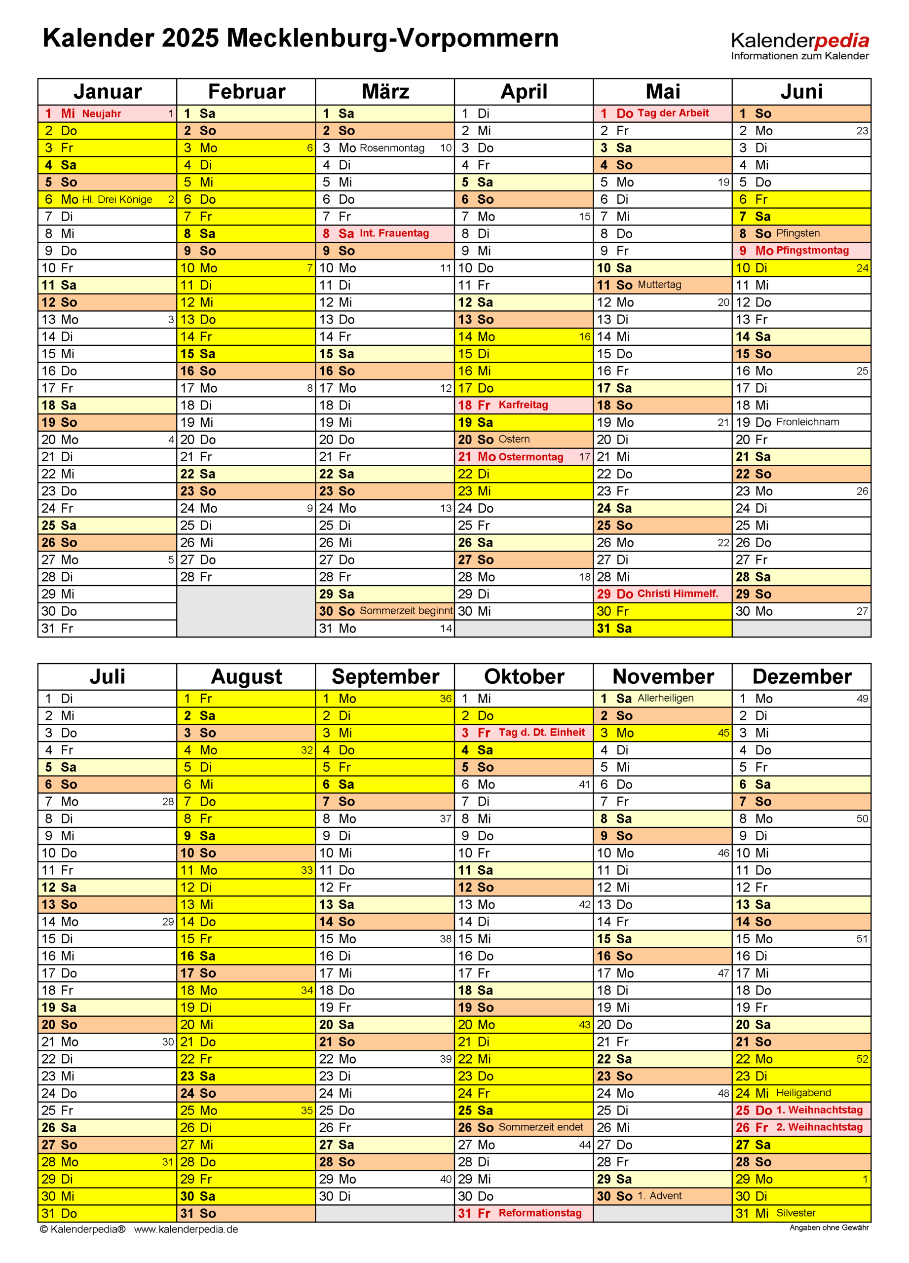 Kalender 2025 Mecklenburg-Vorpommern: Ferien, Feiertage, Pdf-Vorlagen | Kalender 2025 Mv Zum Ausdrucken