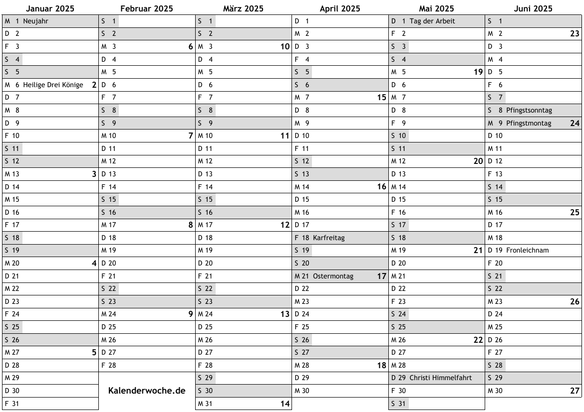 Kalender 2025 Mit Kalenderwochen Und Feiertagen In Deutschland | Kalender 2025 Kalenderwochen