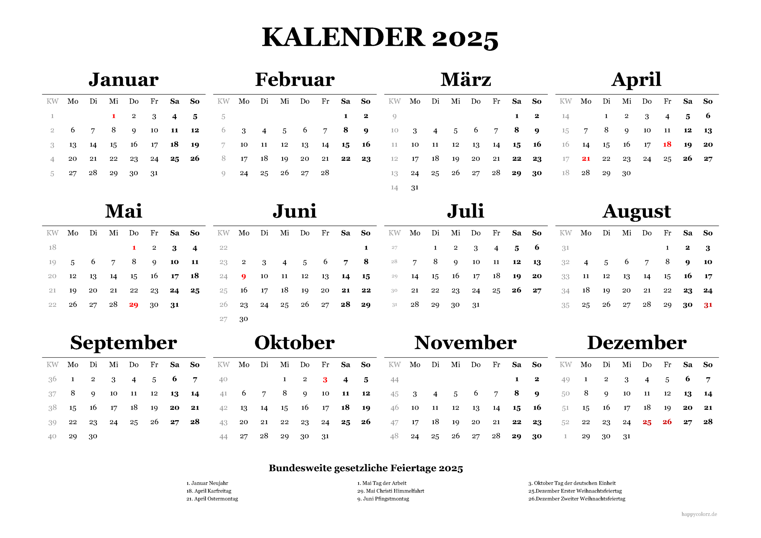 Kalender 2025 Mit Kalenderwochen Und Feiertagen (Pdf, Xls &amp;amp; Png) | Bild Kalender 2025