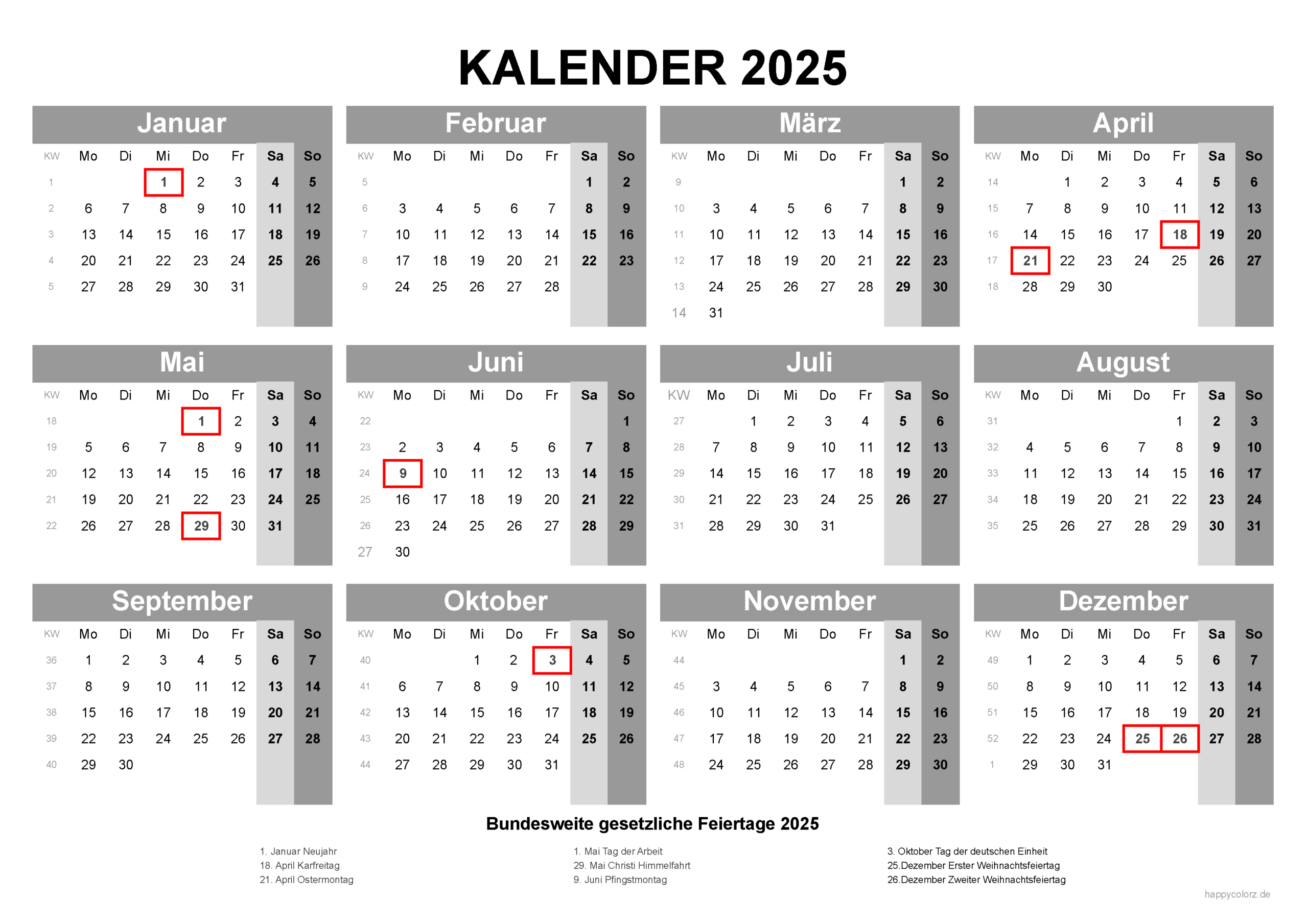 Kalender 2025 Mit Kalenderwochen Und Feiertagen (Pdf, Xls &amp;amp; Png) | Himmelfahrt 2025 Kalender