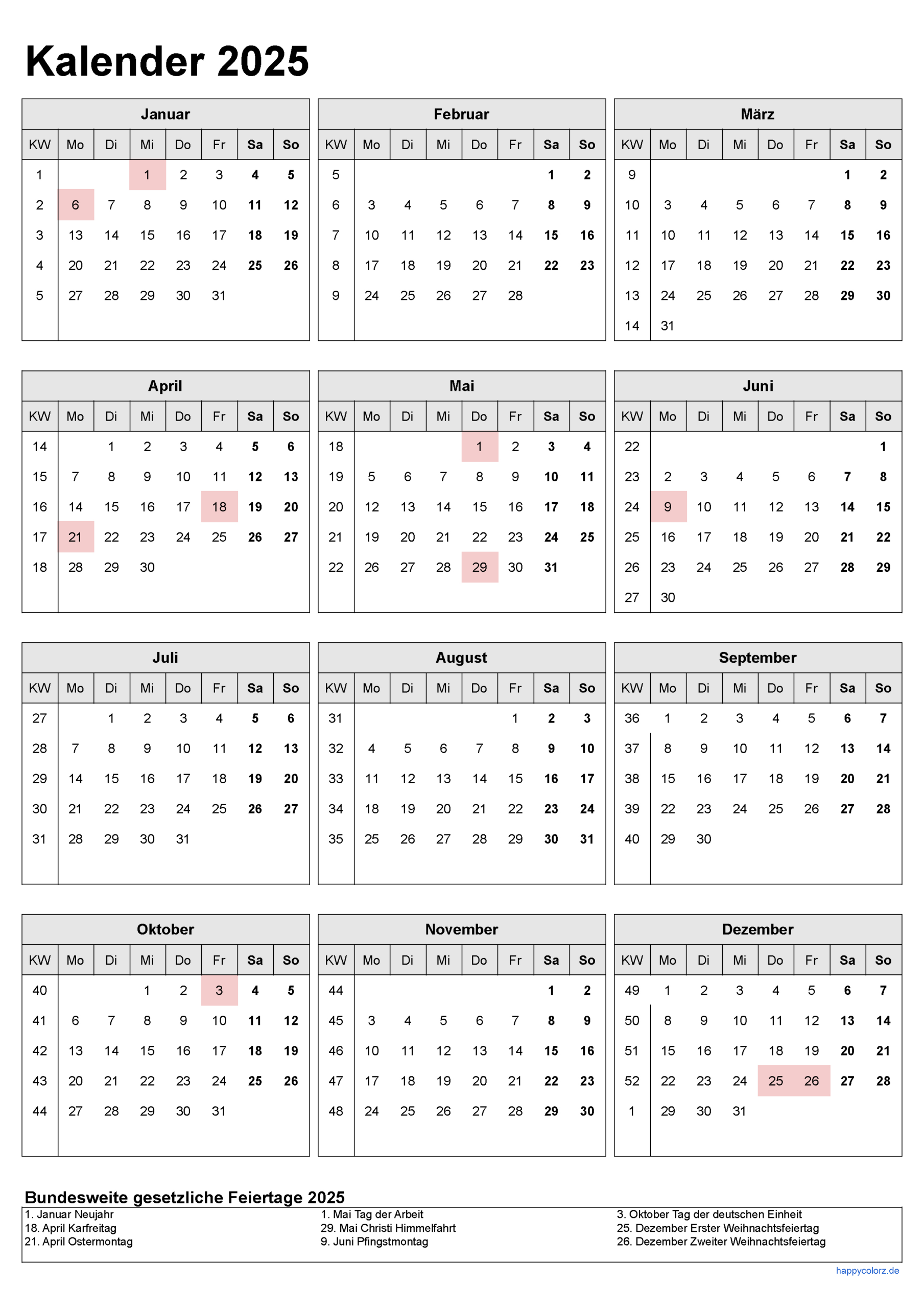 Kalender 2025 Mit Kalenderwochen Und Feiertagen (Pdf, Xls &amp;amp; Png) | Himmelfahrt 2025 Kalender