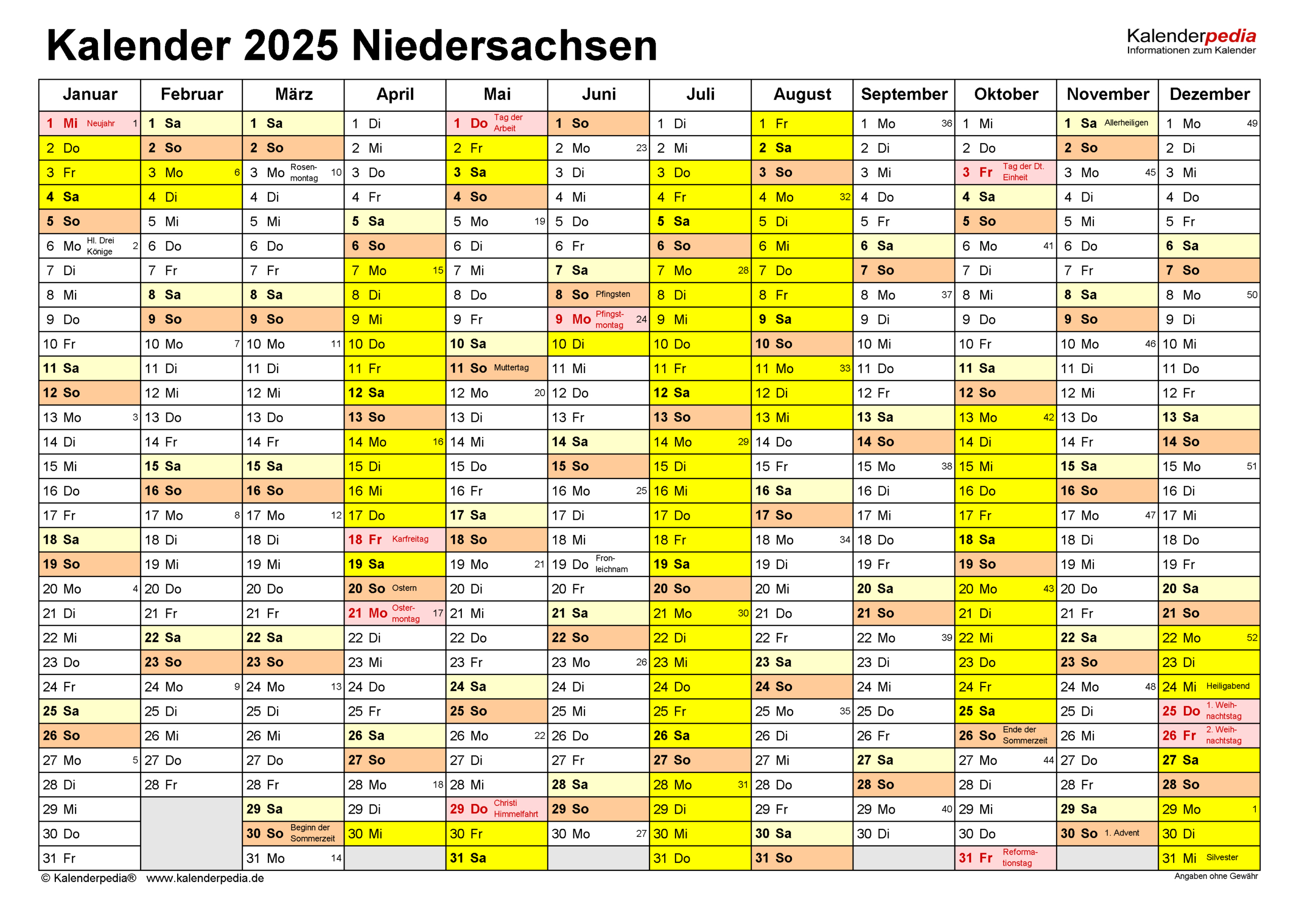 Kalender 2025 Niedersachsen: Ferien, Feiertage, Pdf-Vorlagen | Brückentage 2025 Niedersachsen Kalender