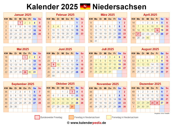 Ferien Kalender Niedersachsen 2025