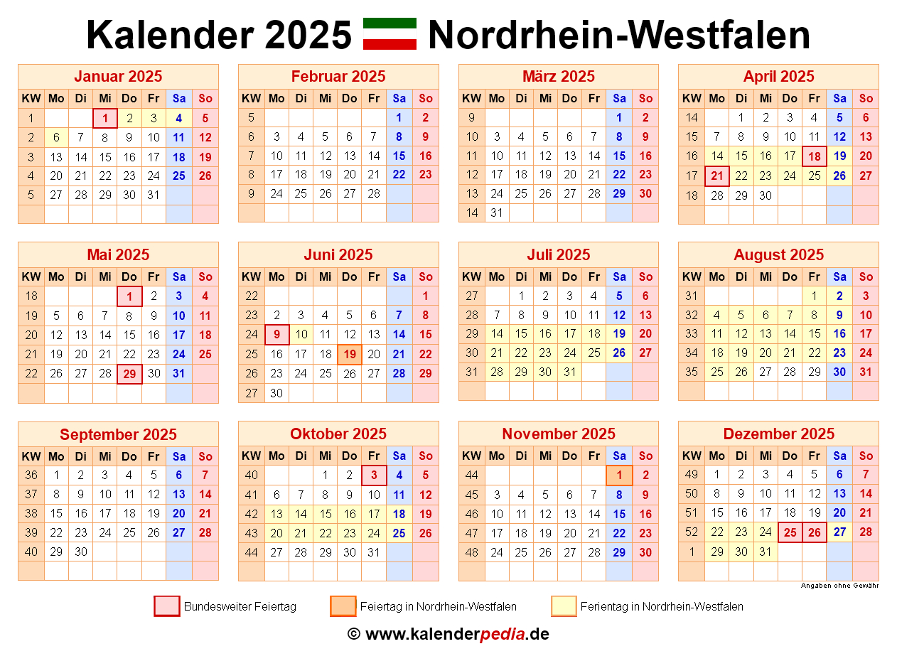 Kalender 2025 Nrw: Ferien, Feiertage, Pdf-Vorlagen | Kalender 2025 Mit Ferien Nrw Kostenlos