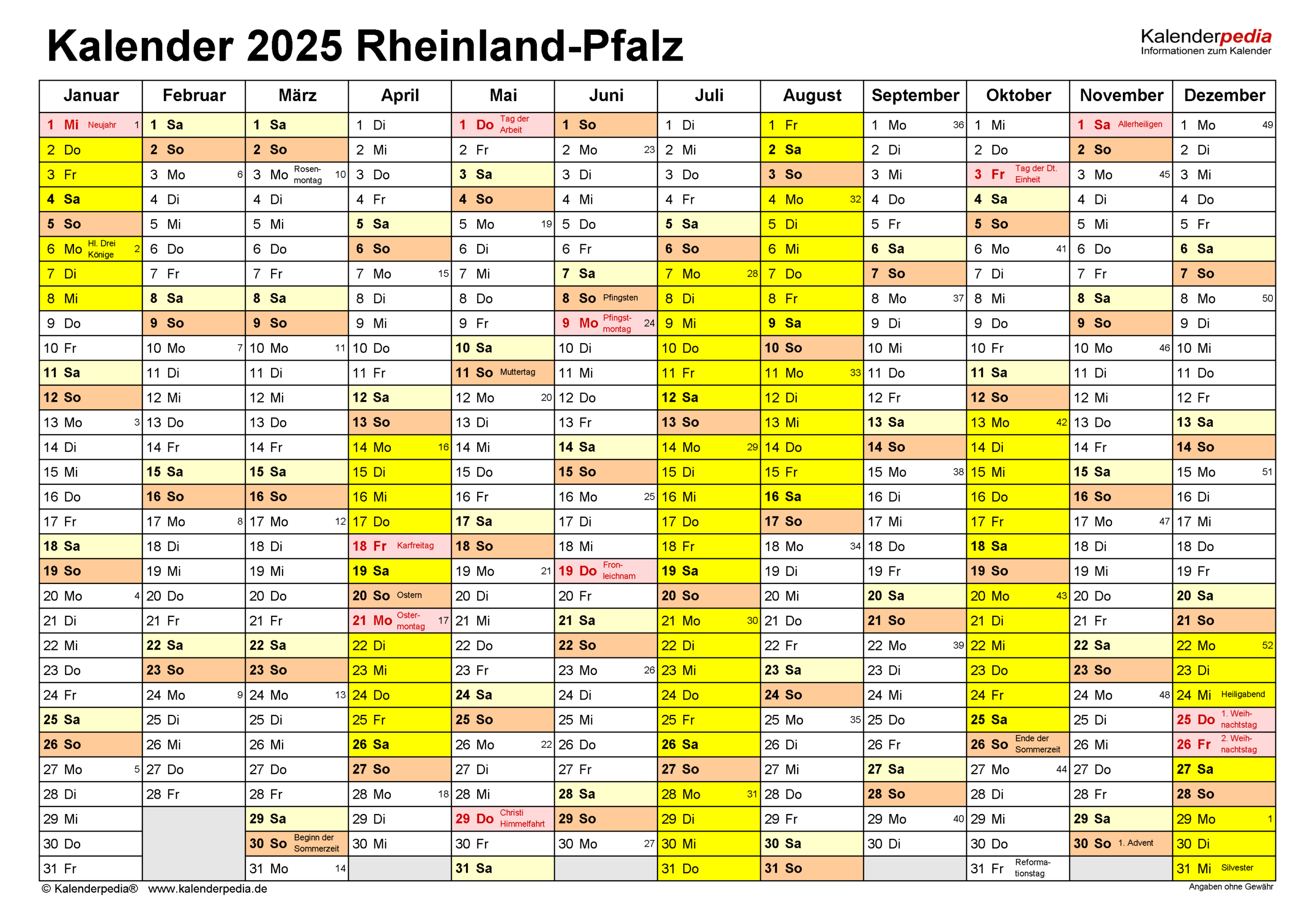 Kalender 2025 Rheinland-Pfalz: Ferien, Feiertage, Pdf-Vorlagen | Feiertage 2025 Rlp Kalender