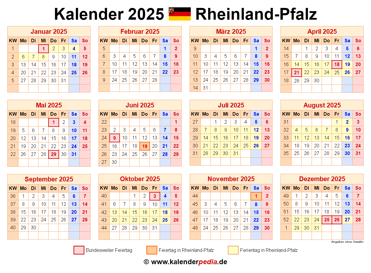 Kalender 2025 Rheinland-Pfalz: Ferien, Feiertage, Pdf-Vorlagen | Ferien Rlp 2025 Kalender