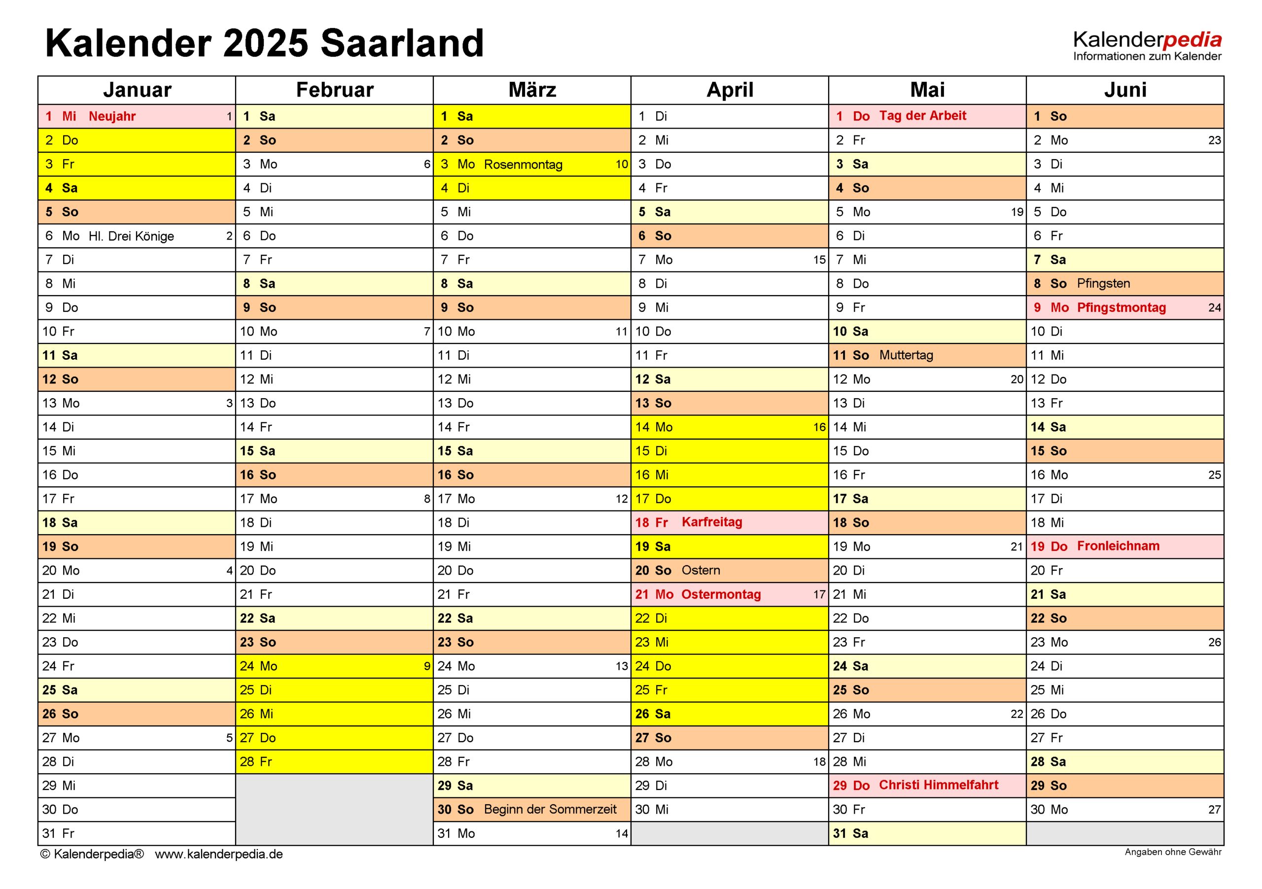 Kalender 2025 Saarland: Ferien, Feiertage, Pdf-Vorlagen | Ferien Saarland 2025 Kalender