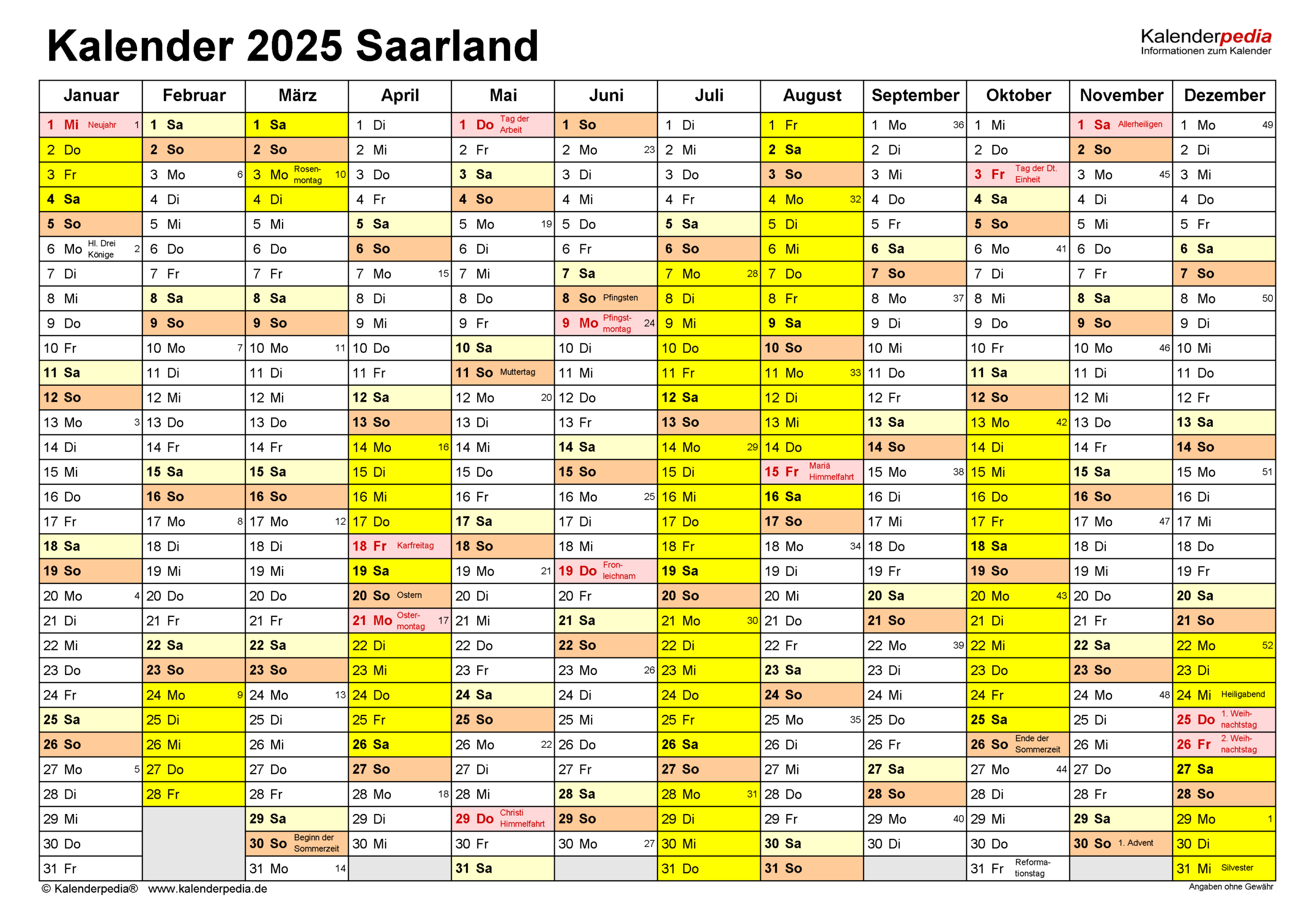 Kalender 2025 Saarland: Ferien, Feiertage, Pdf-Vorlagen | Ferien Saarland 2025 Kalender