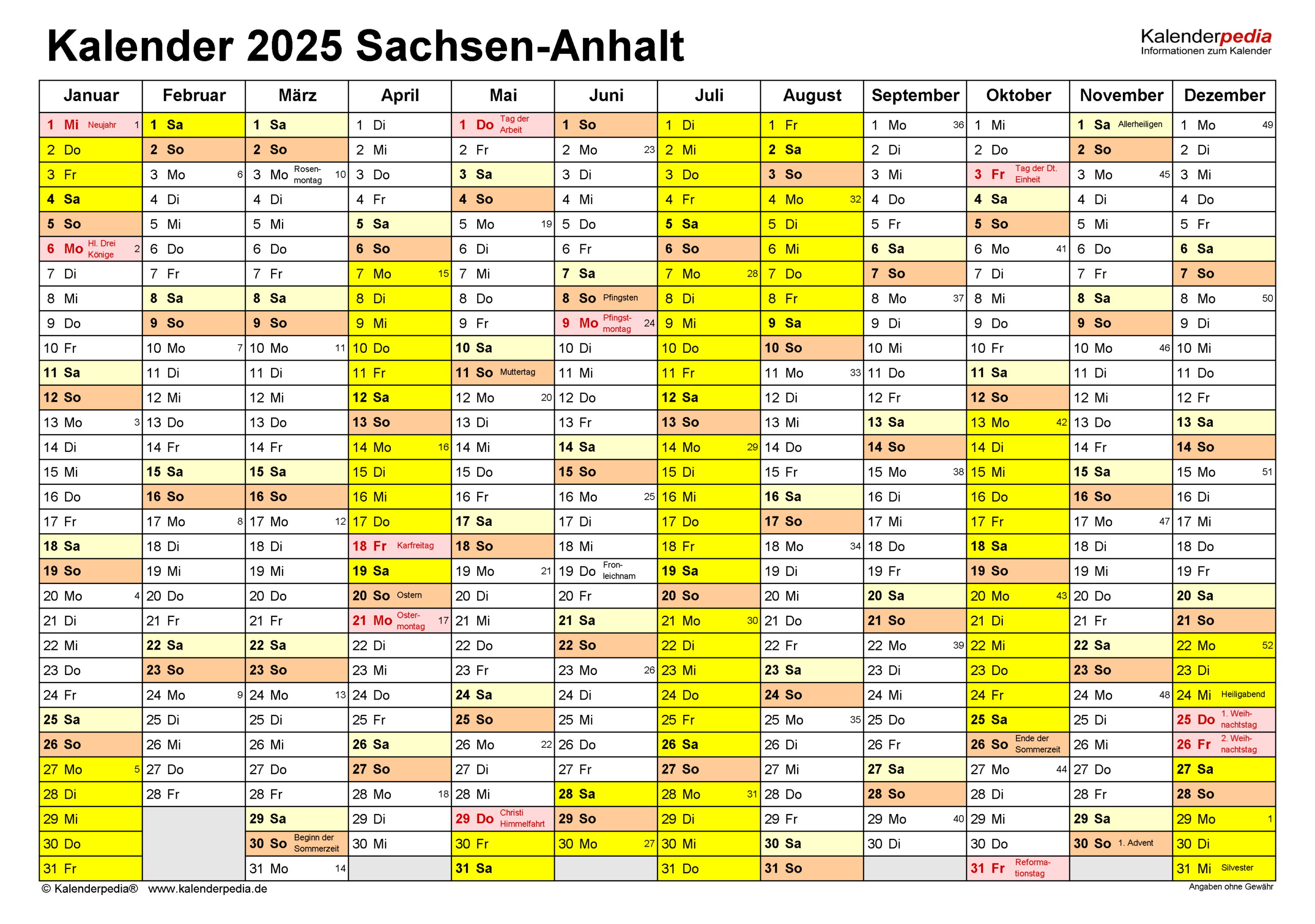 Kalender 2025 Sachsen-Anhalt: Ferien, Feiertage, Pdf-Vorlagen | Feiertage 2025 Sachsen Anhalt Kalender