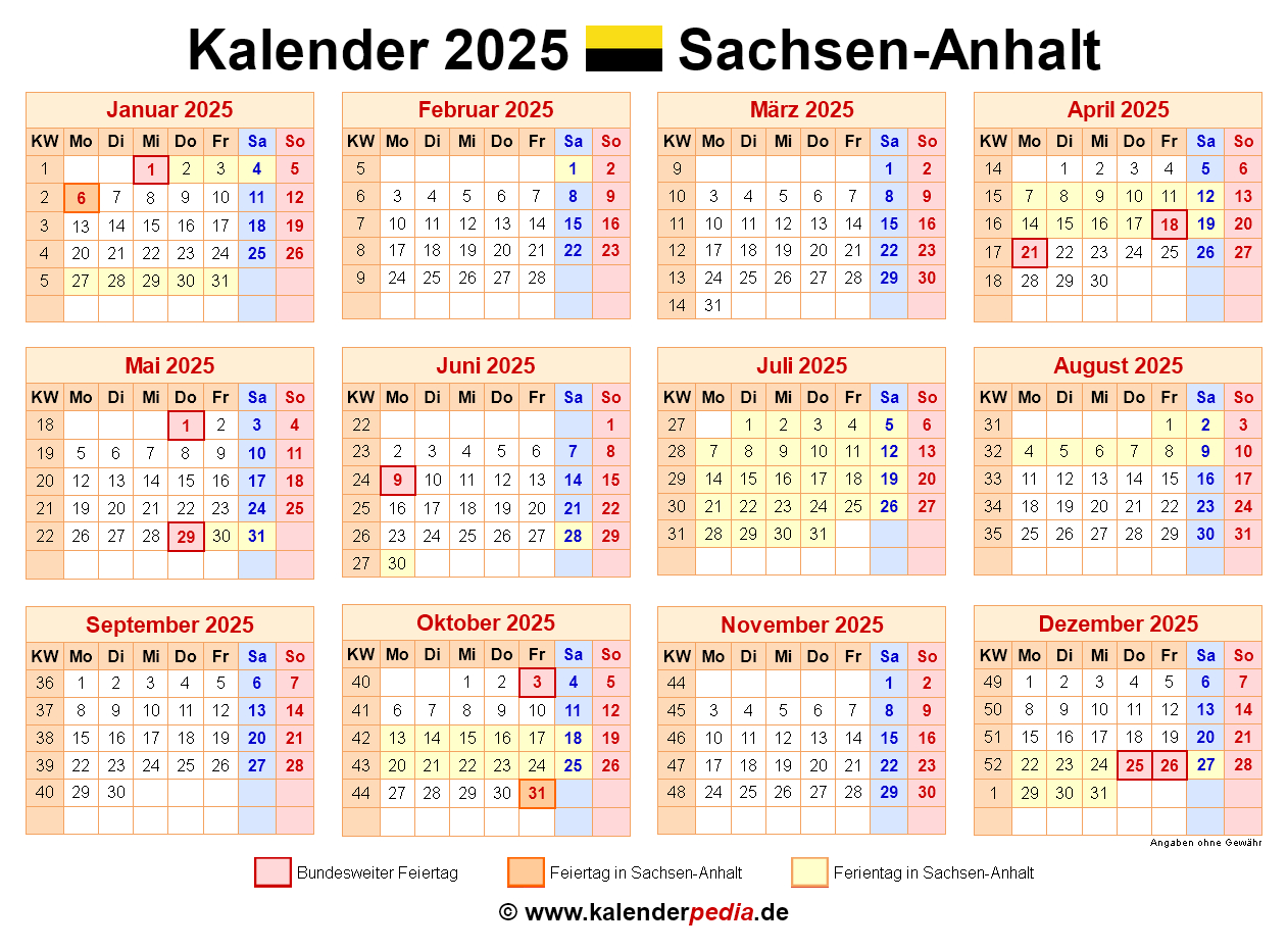 Kalender 2025 Sachsen-Anhalt: Ferien, Feiertage, Pdf-Vorlagen | Ferien Sachsen Anhalt 2025 Kalender