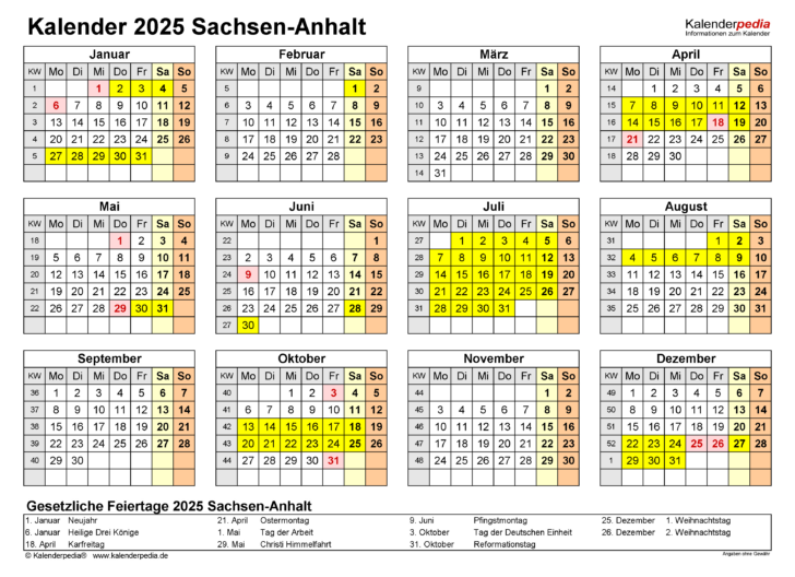 Kalender 2025 Sachsen Anhalt Ferien