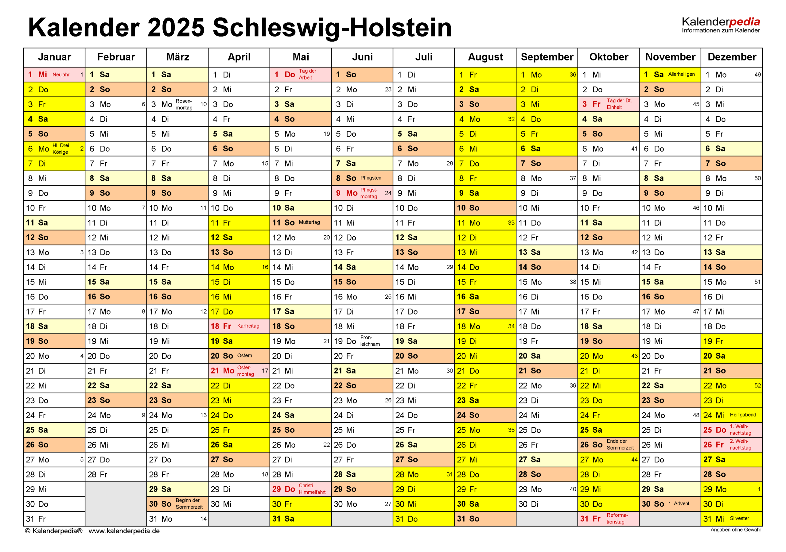 Kalender 2025 Schleswig-Holstein: Ferien, Feiertage, Pdf-Vorlagen | Feiertage 2025 Schleswig Holstein Kalender