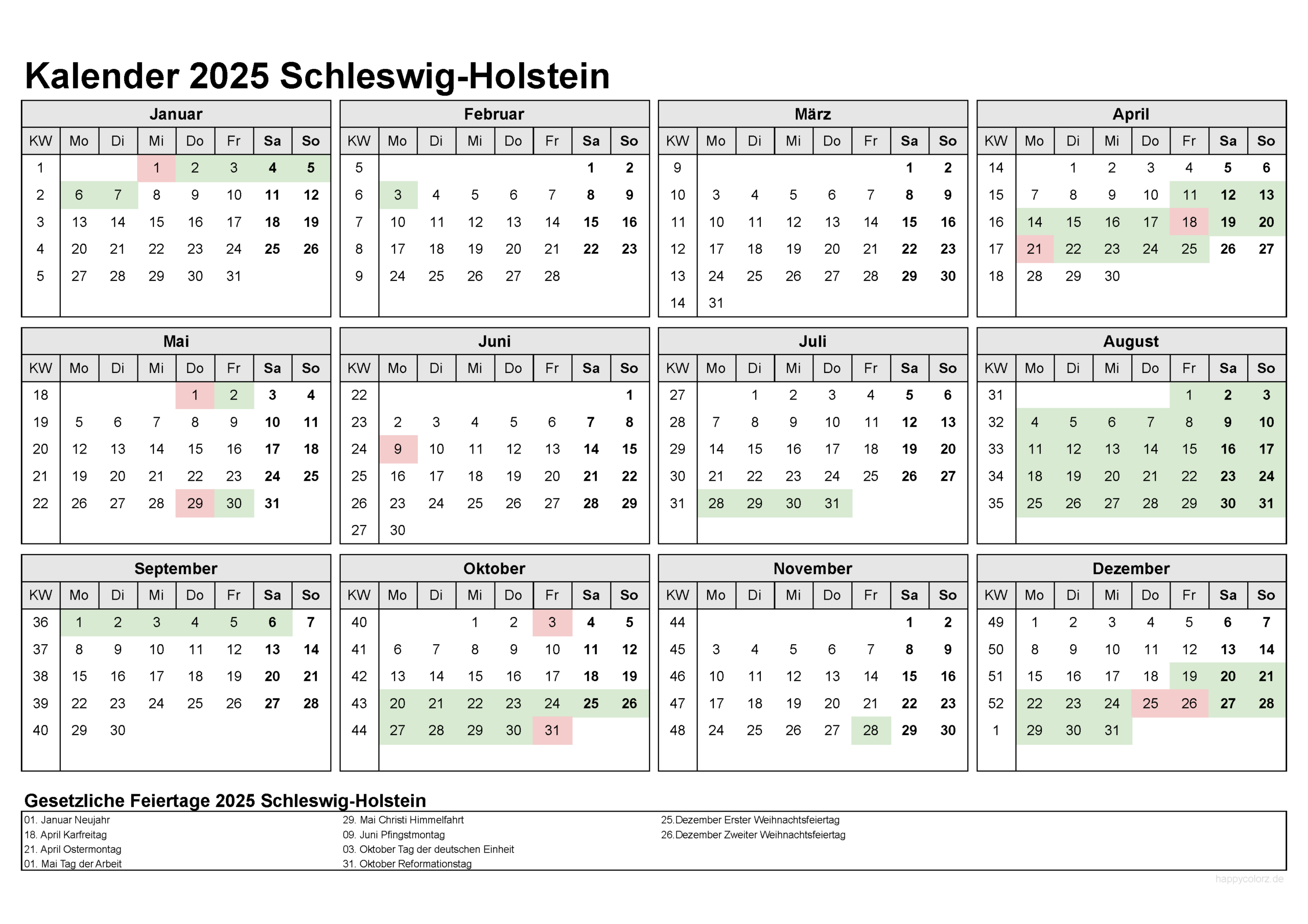 Kalender 2025 Schleswig-Holstein Kostenlos: Ferien-Übersicht | Kalender 2025 Ferien