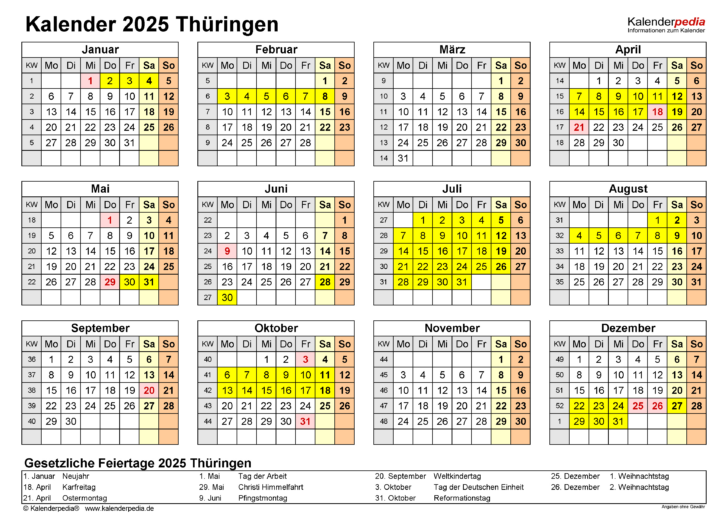 Kalender 2025 Ferien Thüringen