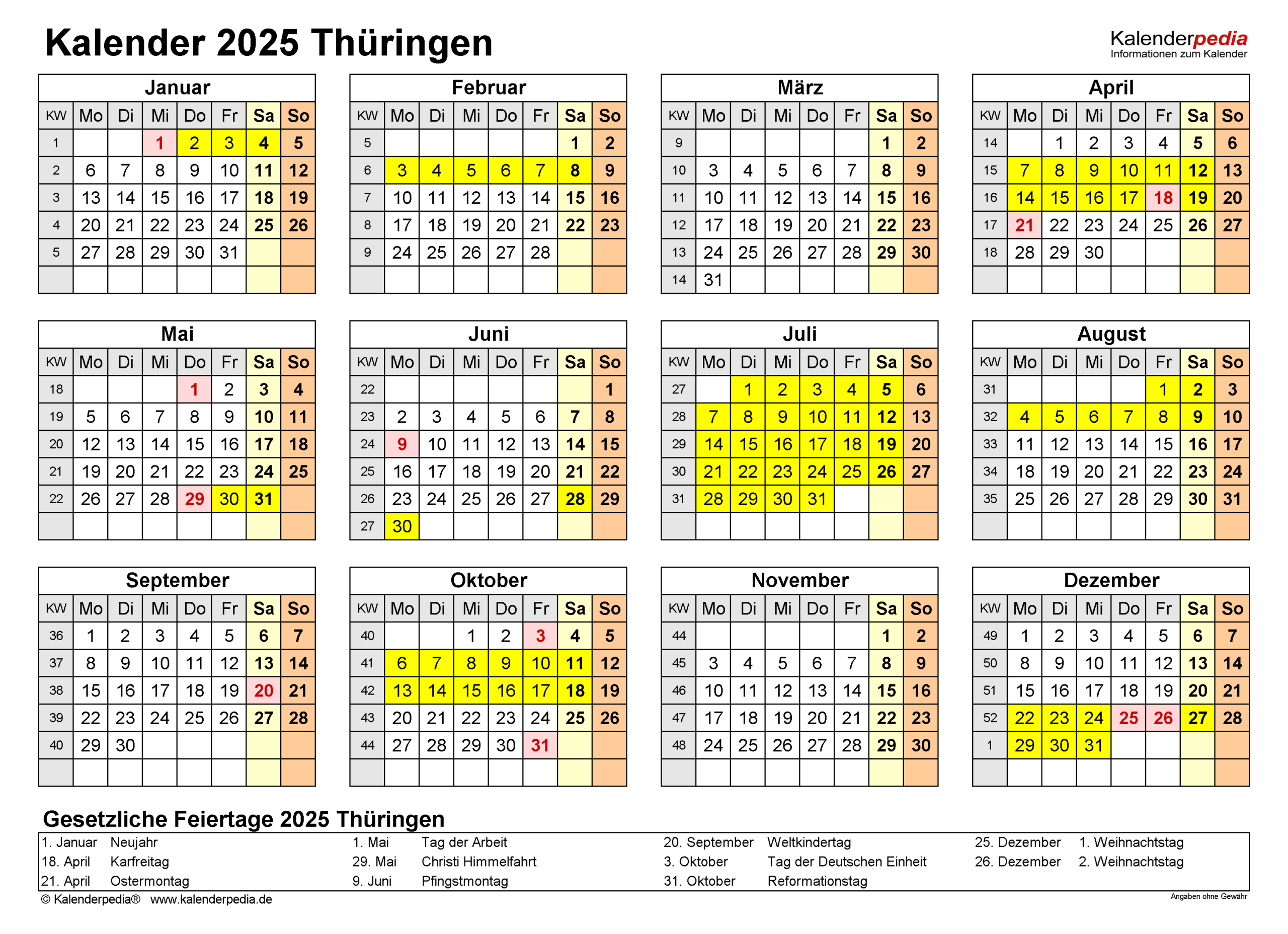 Kalender 2025 Thüringen: Ferien, Feiertage, Pdf-Vorlagen | Kalender 2025 Ferien Thüringen