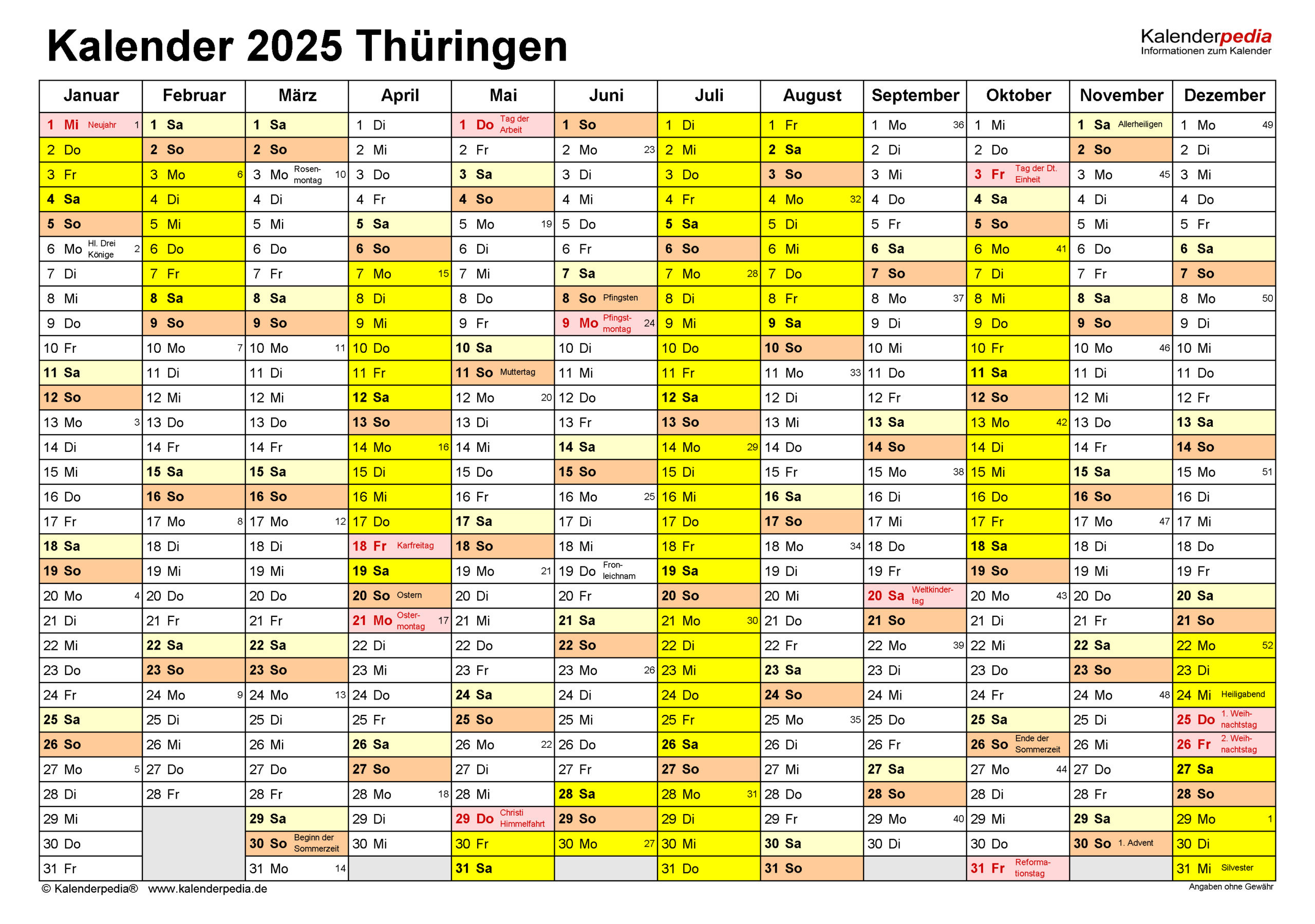 Kalender 2025 Thüringen: Ferien, Feiertage, Pdf-Vorlagen | Kalender 2025 Ferien Thüringen