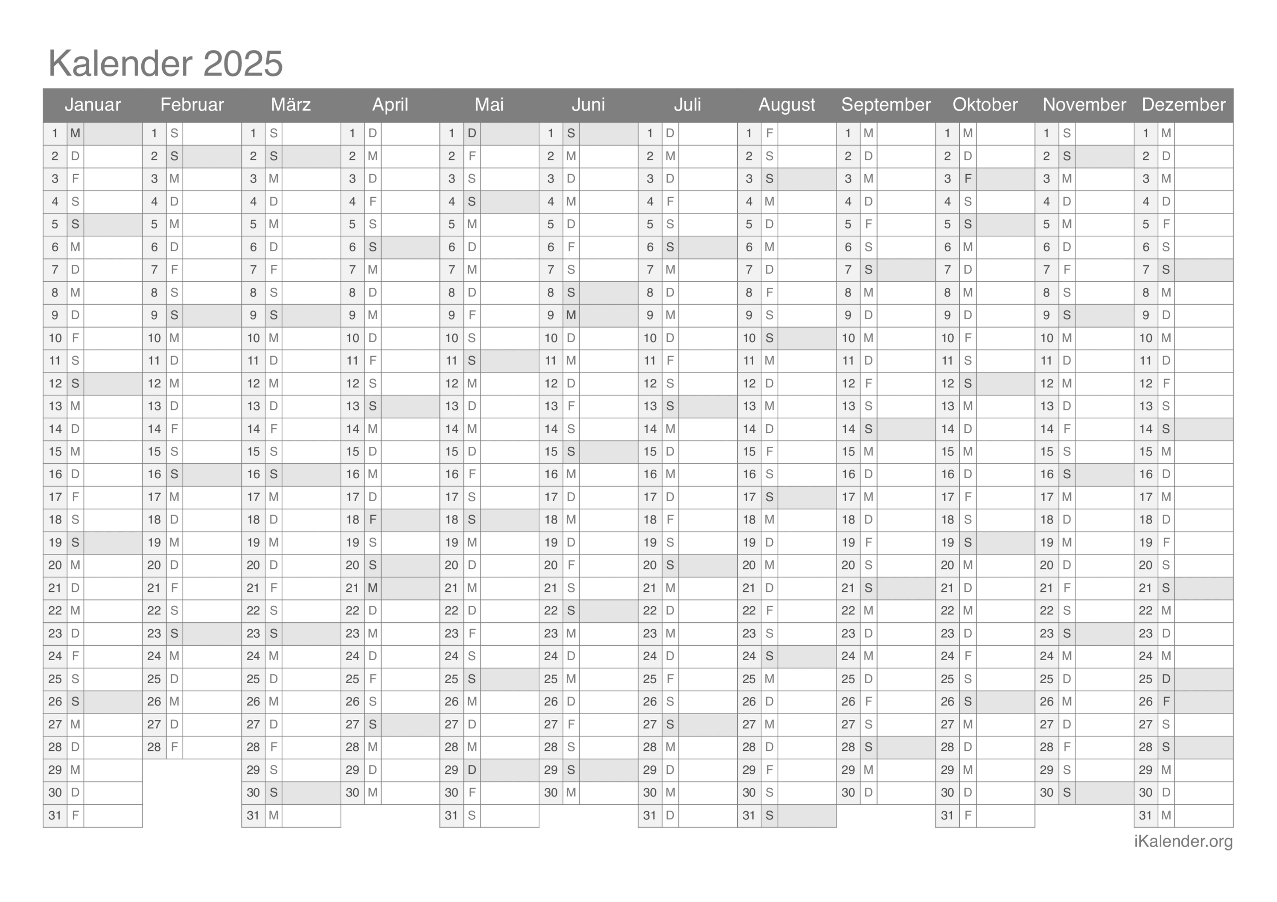 Kalender 2025 Zum Ausdrucken | Jahres Kalender 2025