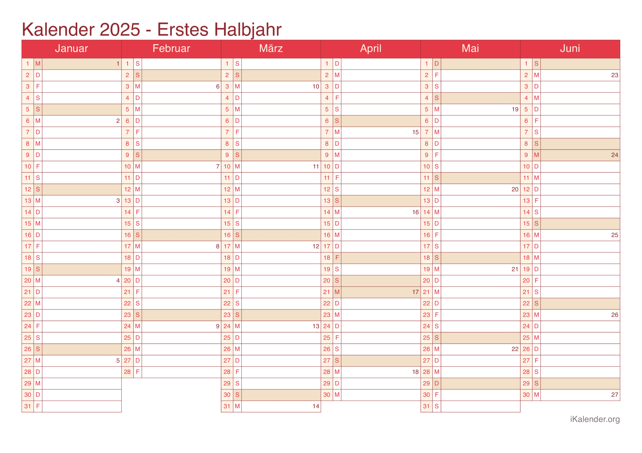 Kalender 2025 Zum Ausdrucken | Kalender 2025 Halbjahr Zum Ausdrucken