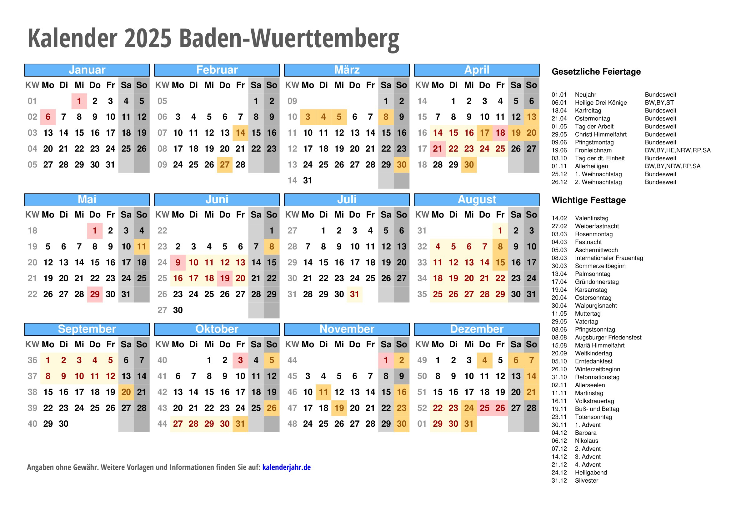 Kalender 2025 Zum Ausdrucken | Kalender 2025 Pdf – Feiertage | Kalender 2025 Baden Württemberg Kostenlos