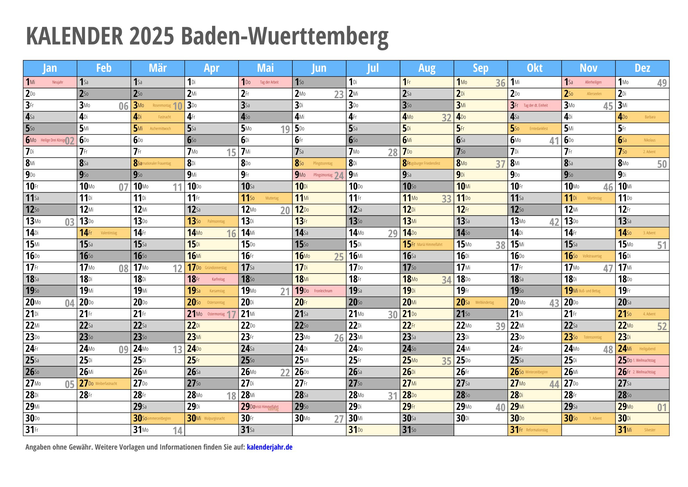 Kalender 2025 Zum Ausdrucken | Kalender 2025 Pdf – Feiertage | Kalender 2025 Baden Württemberg Kostenlos