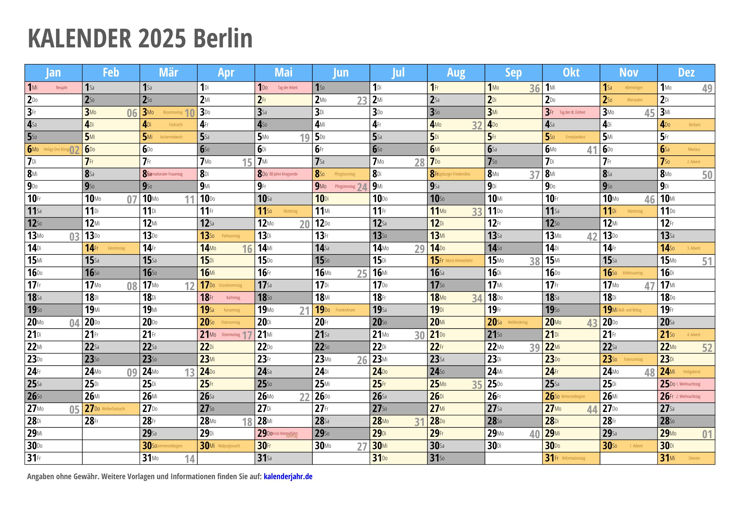 Kalender 2025 Zum Ausdrucken | Kalender 2025 Pdf – Feiertage | Kalender 2025 Berlin Mit Feiertagen Und Ferien Zum Ausdrucken