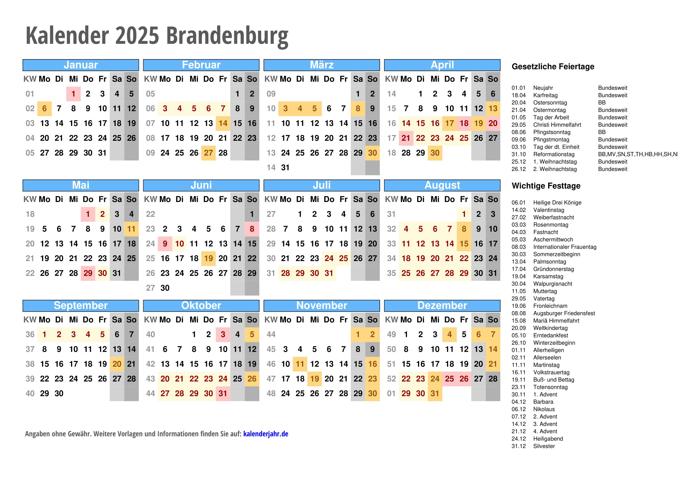 Kalender 2025 Zum Ausdrucken | Kalender 2025 Pdf – Feiertage | Kalender 2025 Brandenburg Zum Ausdrucken Kostenlos