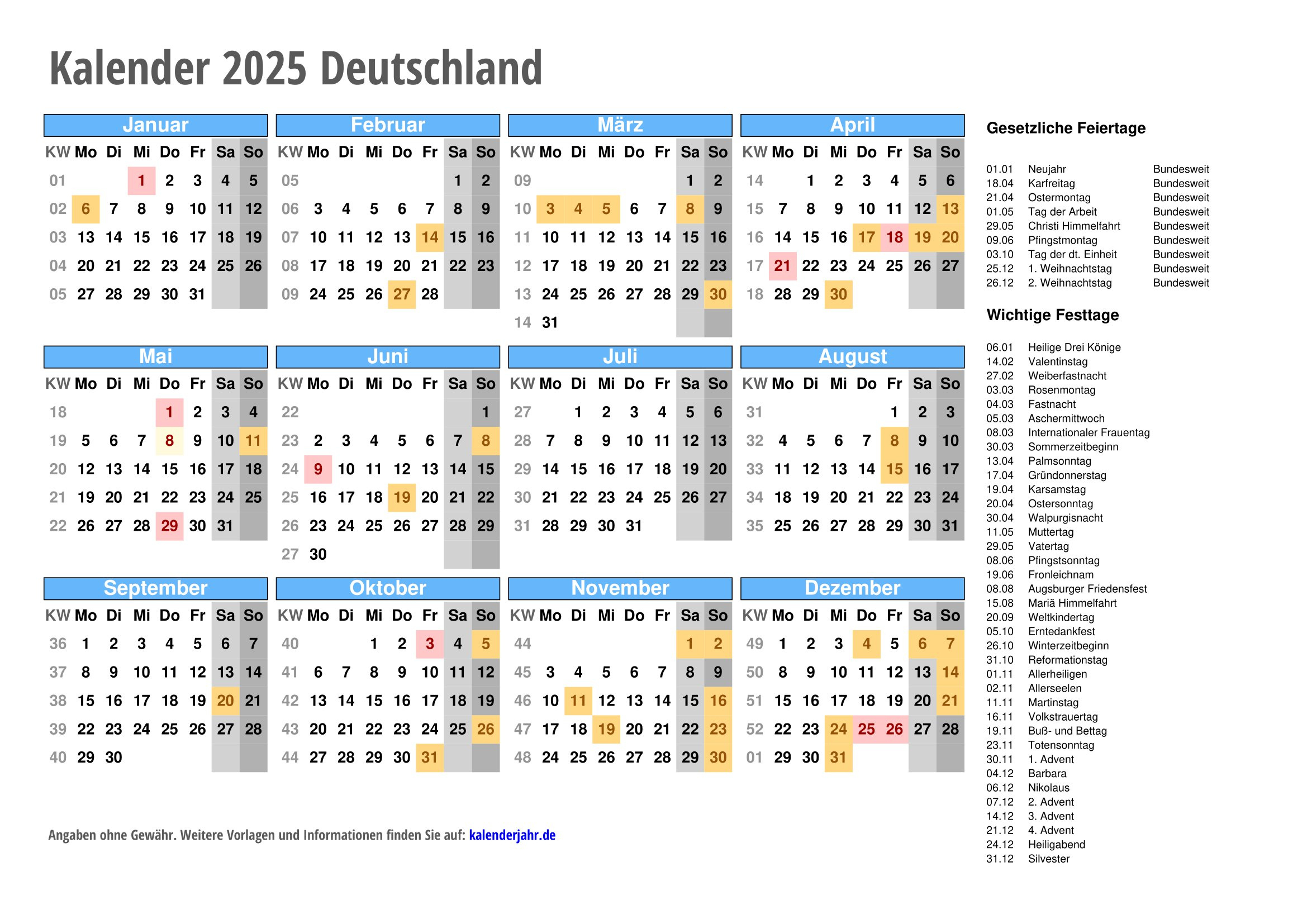 Kalender 2025 Zum Ausdrucken | Kalender 2025 Pdf – Feiertage | Kalender 2025 Mit Feiertagen Zum Ausdrucken